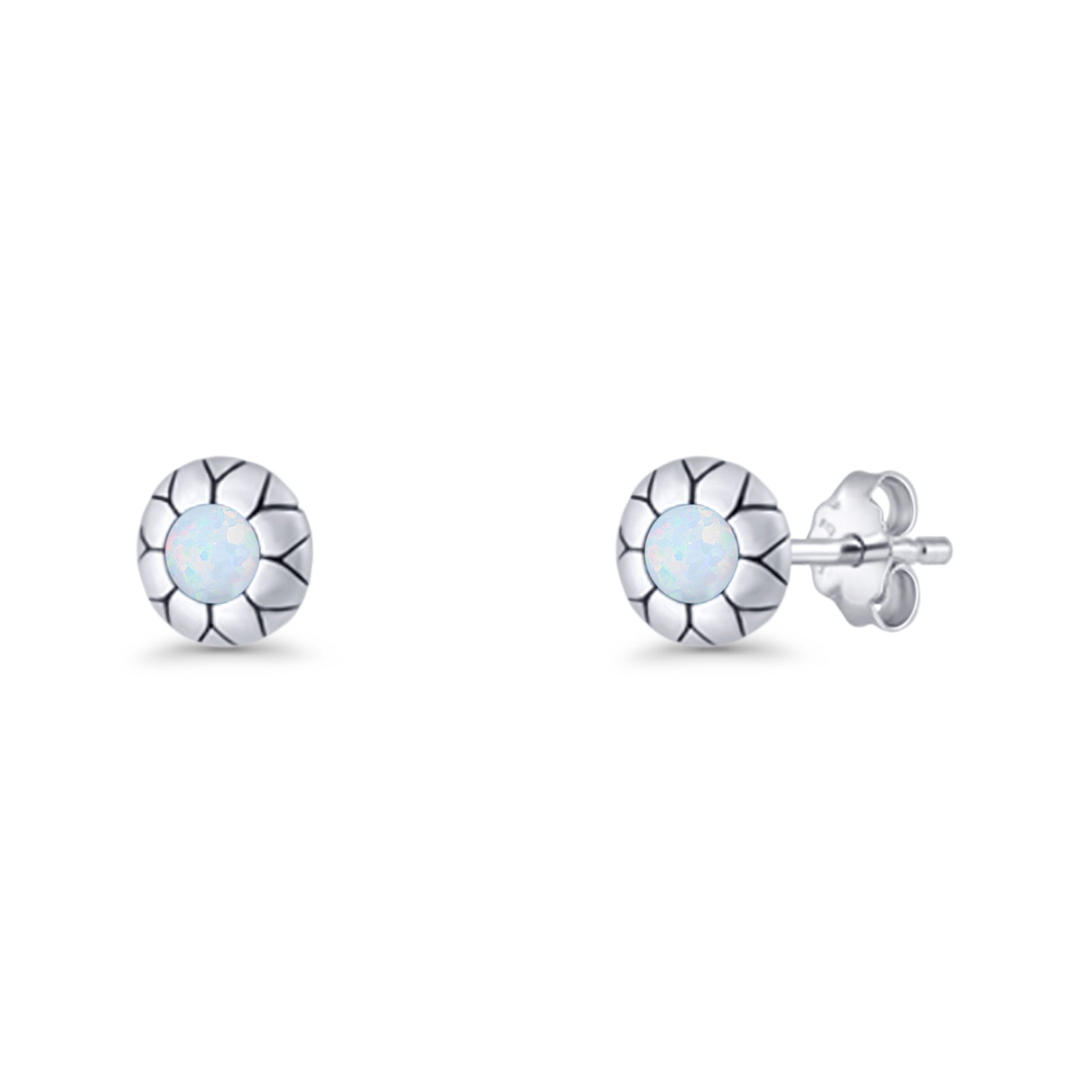 Flower Stud Earring 5.8mm Lab Created Opal Oxidized 925 Sterling Silver