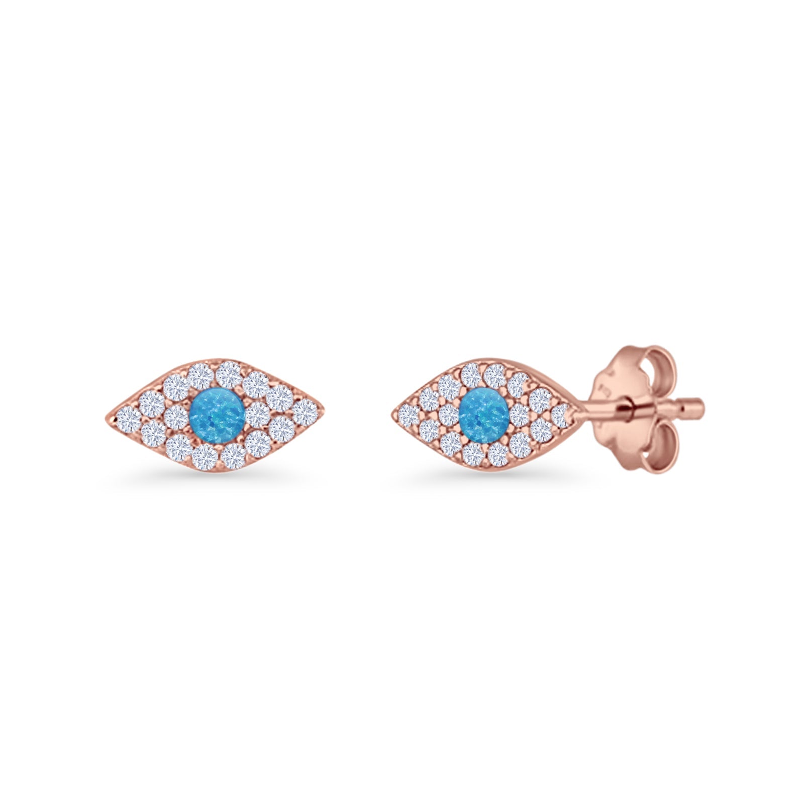Round Lab Created Opal 6.6mm Marquise Evil Eye Stud Earring 925 Sterling Silver