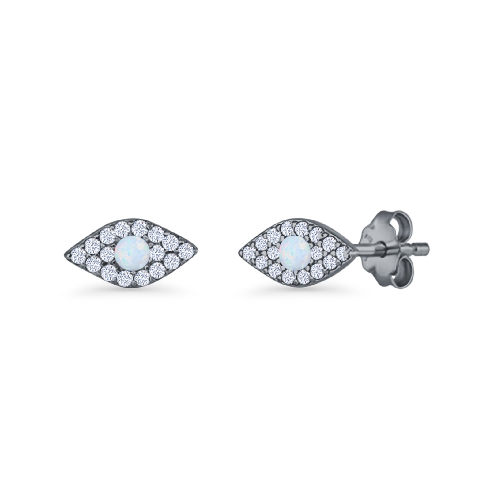 Round Lab Created Opal 6.6mm Marquise Evil Eye Stud Earring 925 Sterling Silver