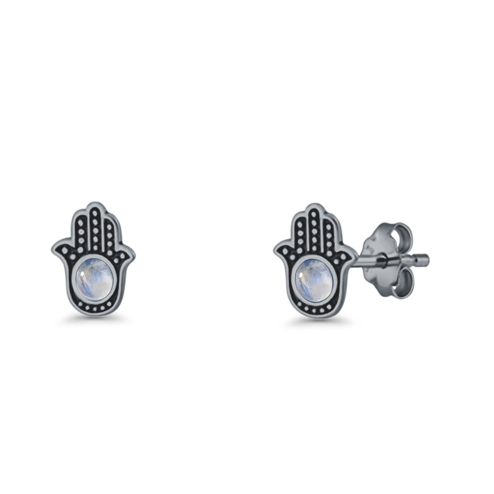 Round 9mm Lab Created Opal Hand Of Hamsa Stud Earring Oxidized 925 Sterling Silver