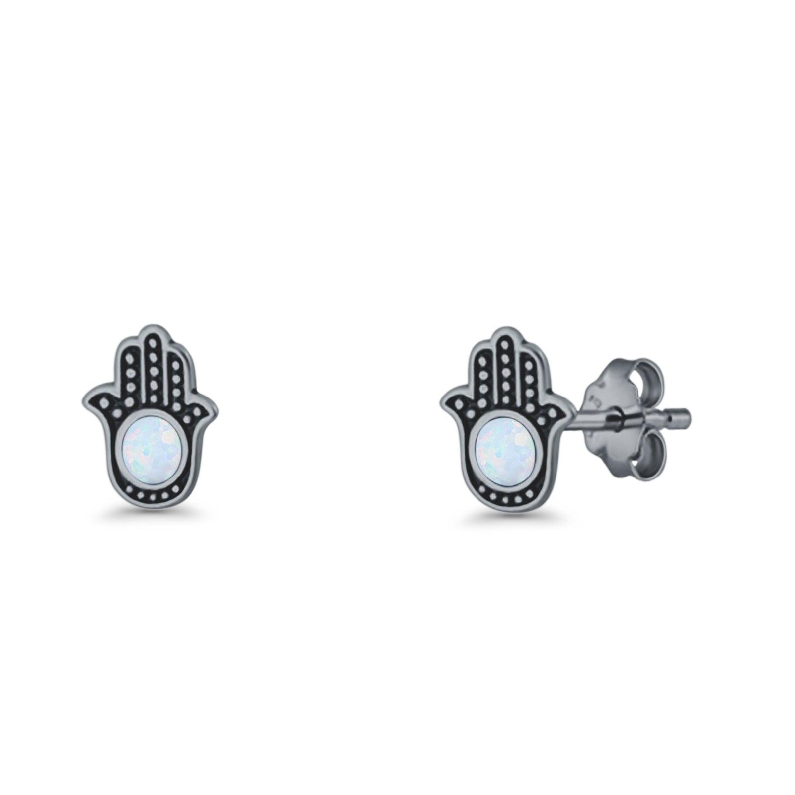 Round 9mm Lab Created Opal Hand Of Hamsa Stud Earring Oxidized 925 Sterling Silver