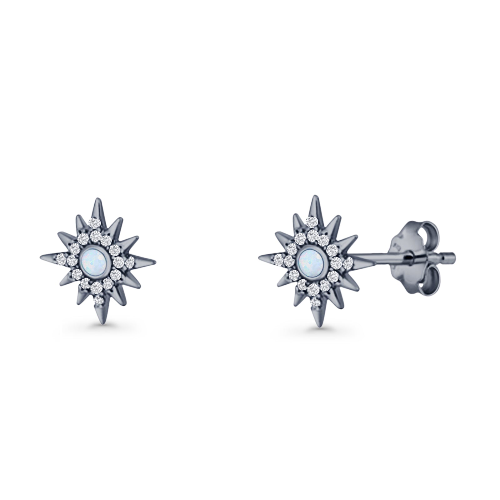 Starburst Stud Earring 10.7mm Lab Created Opal & Cubic Zirconia 925 Sterling Silver