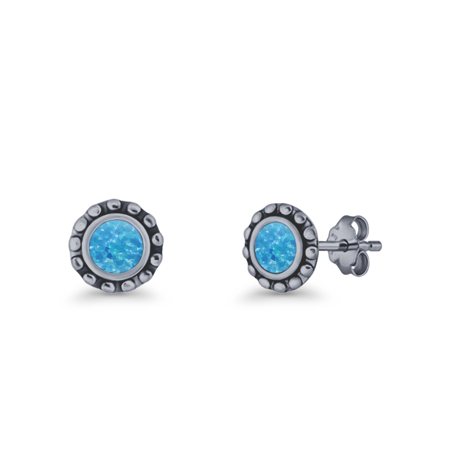 Round Beaded 7.2mm Lab Created Opal Stud Earring Oxidized 925 Sterling Silver