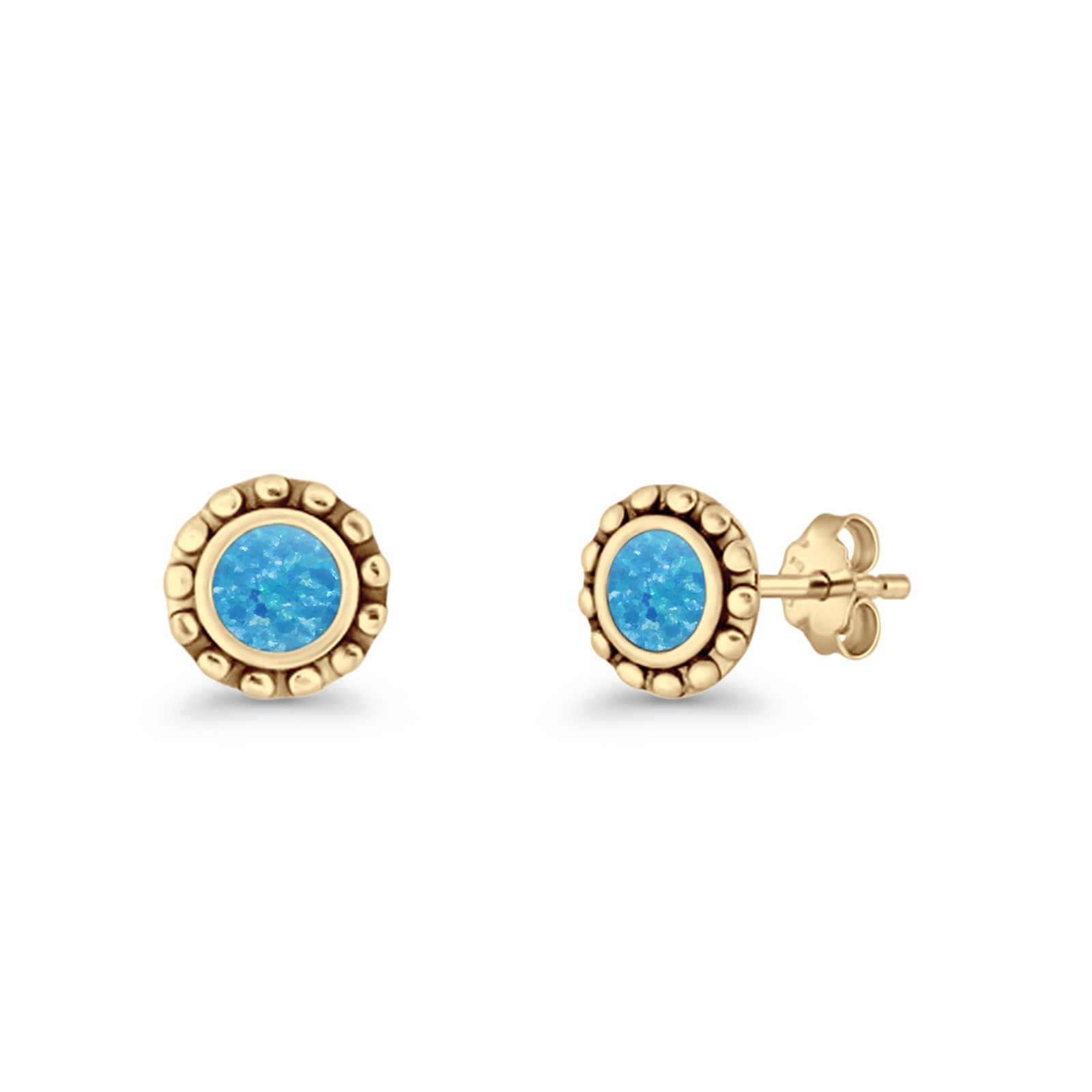 Round Beaded 7.2mm Lab Created Opal Stud Earring Oxidized 925 Sterling Silver