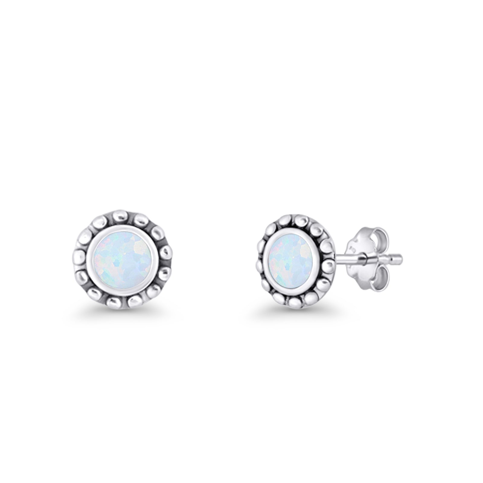 Round Beaded 7.2mm Lab Created Opal Stud Earring Oxidized 925 Sterling Silver
