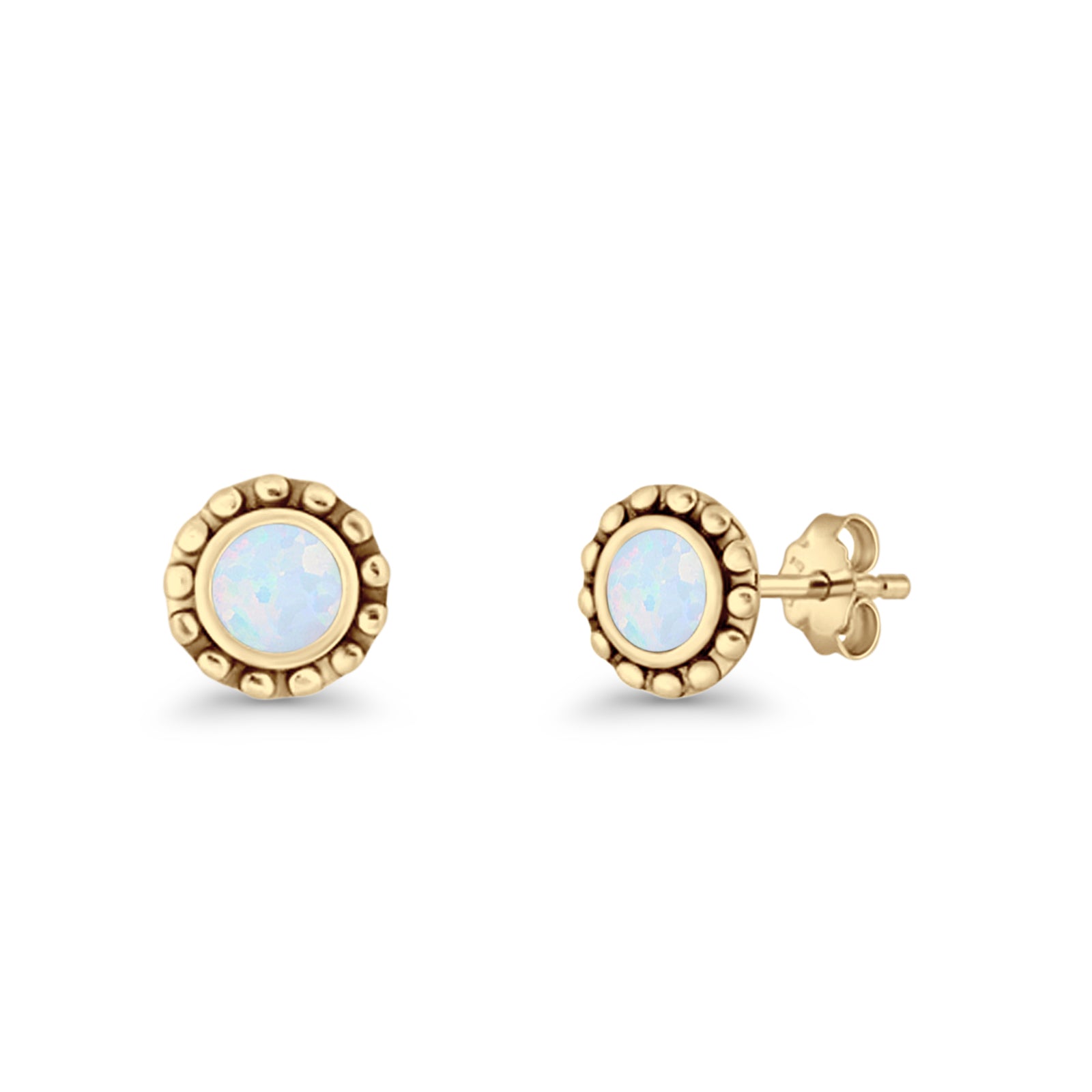 Round Beaded 7.2mm Lab Created Opal Stud Earring Oxidized 925 Sterling Silver