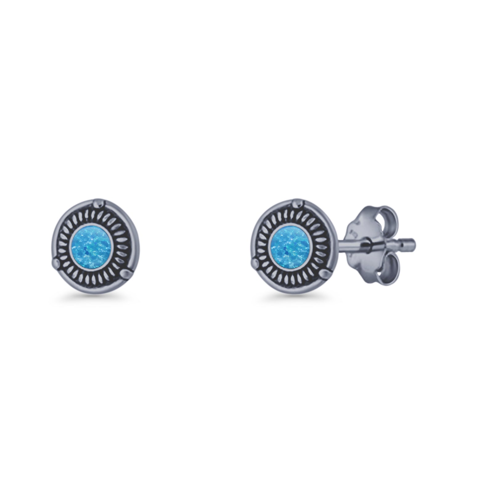Floral Boho Stud Earring 7.4mm Oxidized Lab Created Opal 925 Sterling Silver