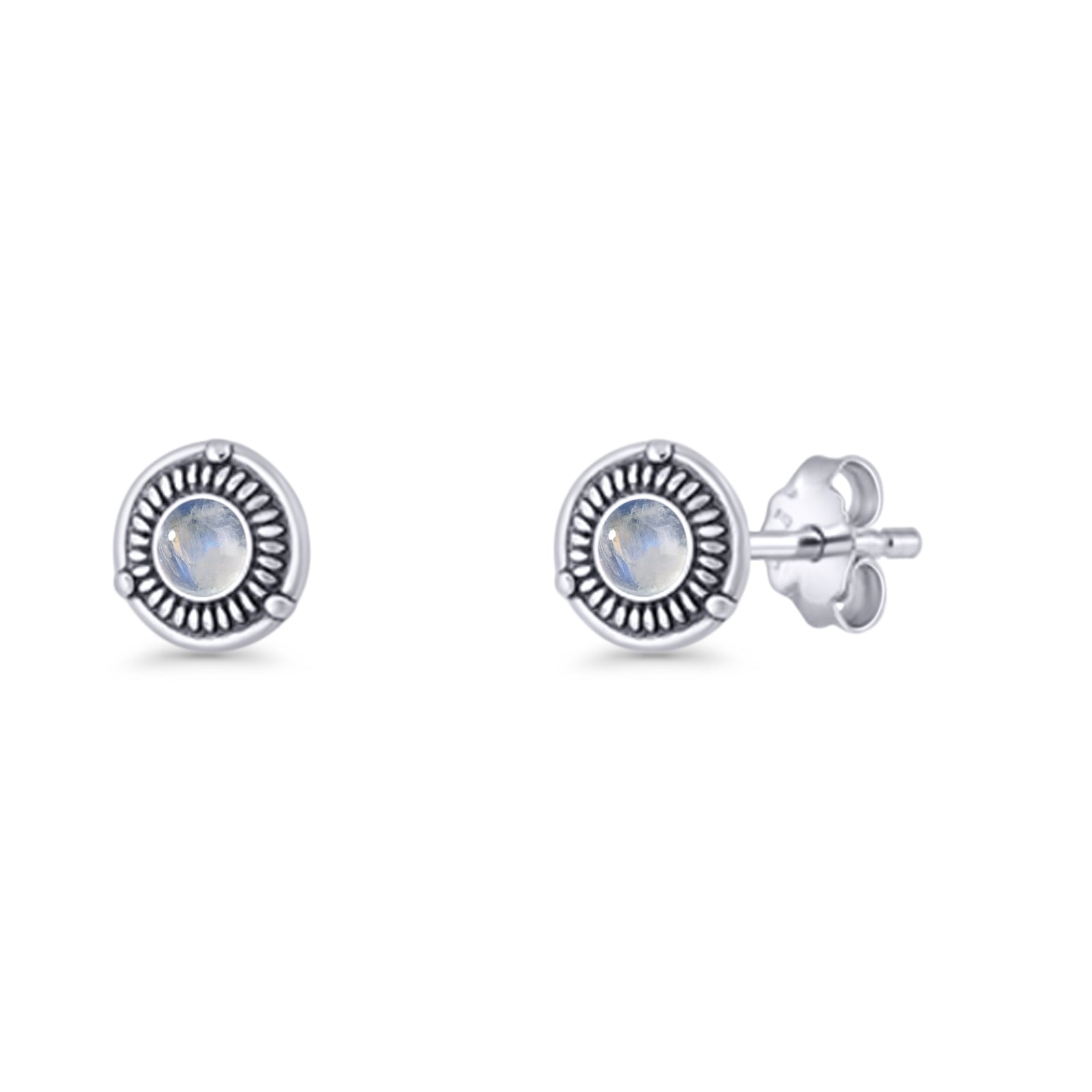 Floral Boho Stud Earring 7.4mm Oxidized Lab Created Opal 925 Sterling Silver