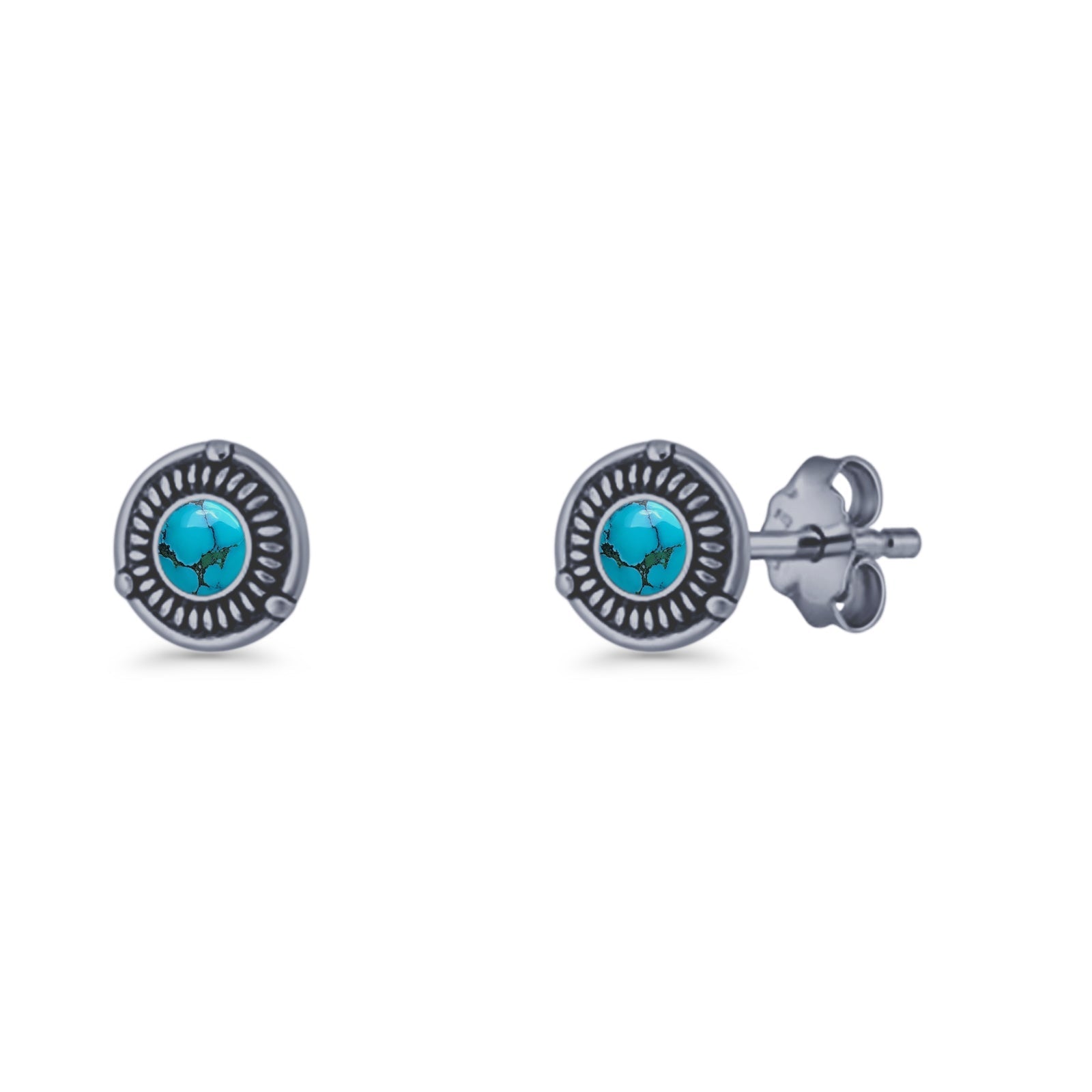 Floral Boho Stud Earring 7.4mm Oxidized Lab Created Opal 925 Sterling Silver