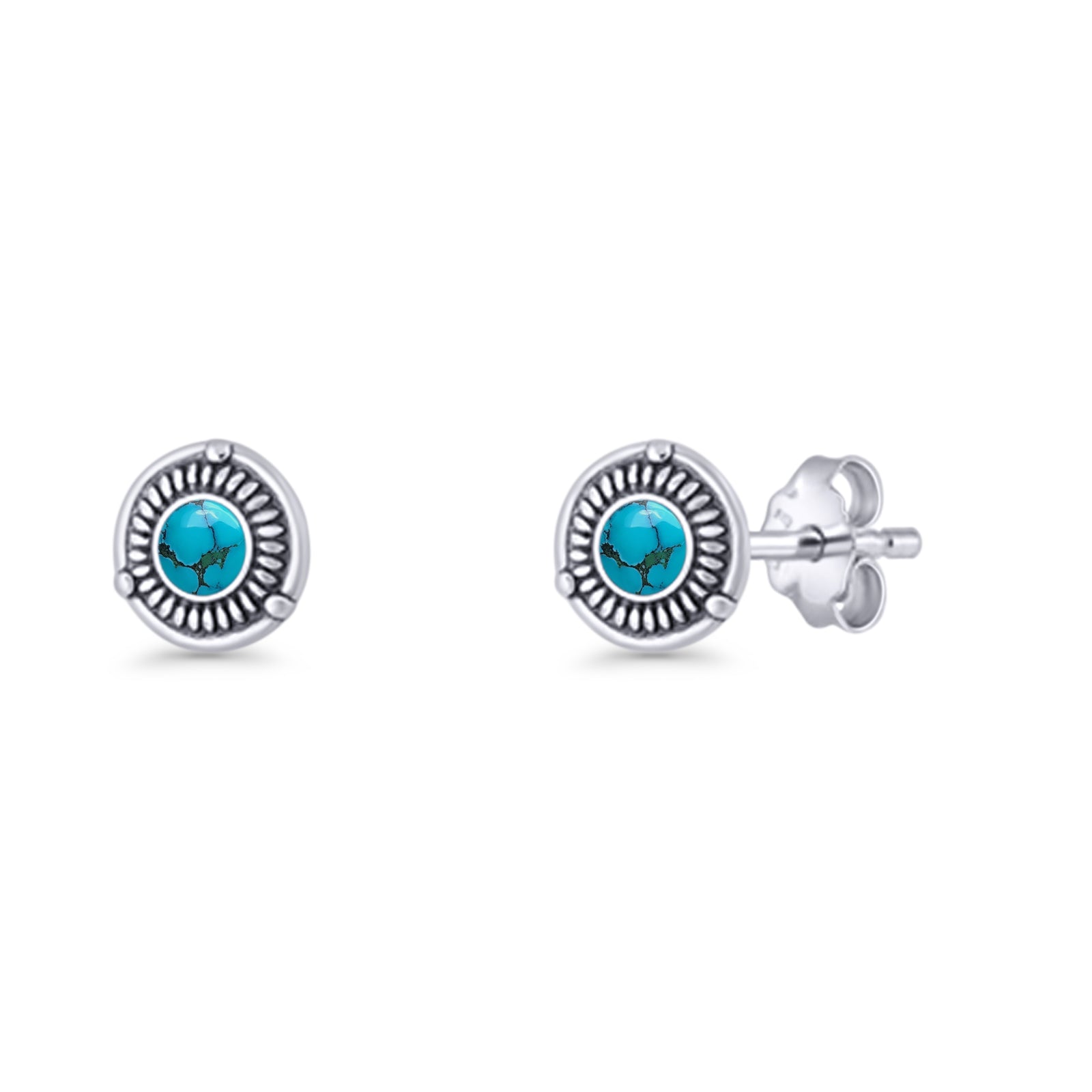 Floral Boho Stud Earring 7.4mm Oxidized Lab Created Opal 925 Sterling Silver