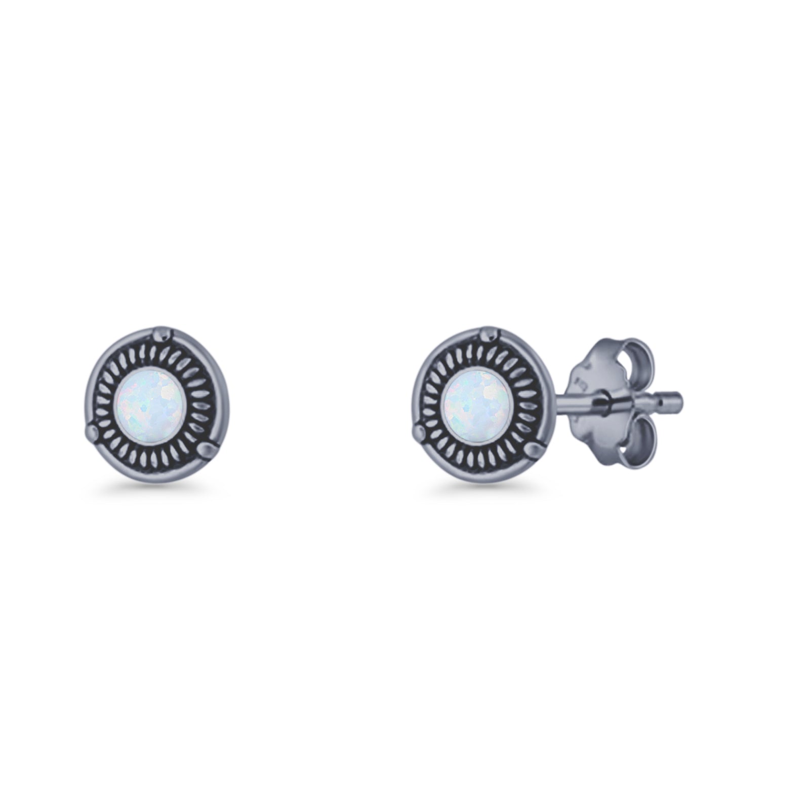 Floral Boho Stud Earring 7.4mm Oxidized Lab Created Opal 925 Sterling Silver