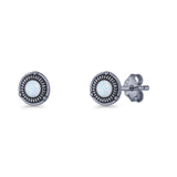 Floral Boho Stud Earring 7.4mm Oxidized Lab Created Opal 925 Sterling Silver