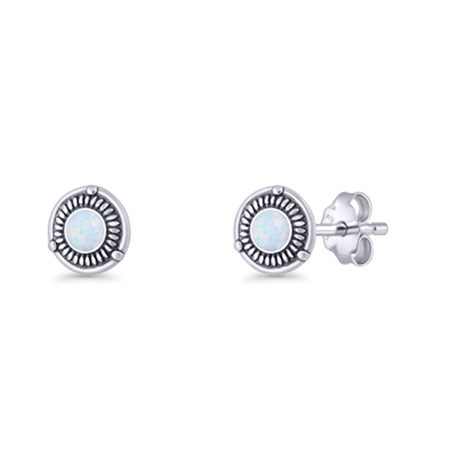 Floral Boho Stud Earring 7.4mm Oxidized Lab Created Opal 925 Sterling Silver