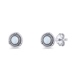 Floral Boho Stud Earring 7.4mm Oxidized Lab Created Opal 925 Sterling Silver