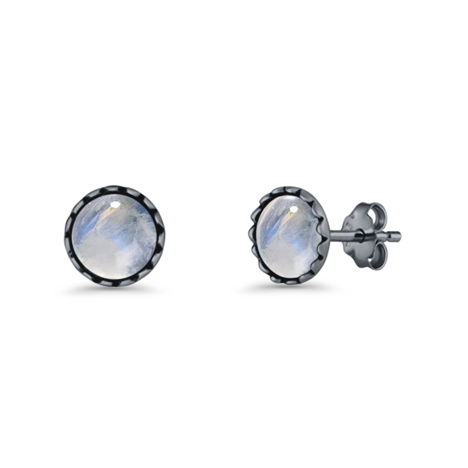 Round Lab Created Opal Stud Earring Oxidized 925 Sterling Silver