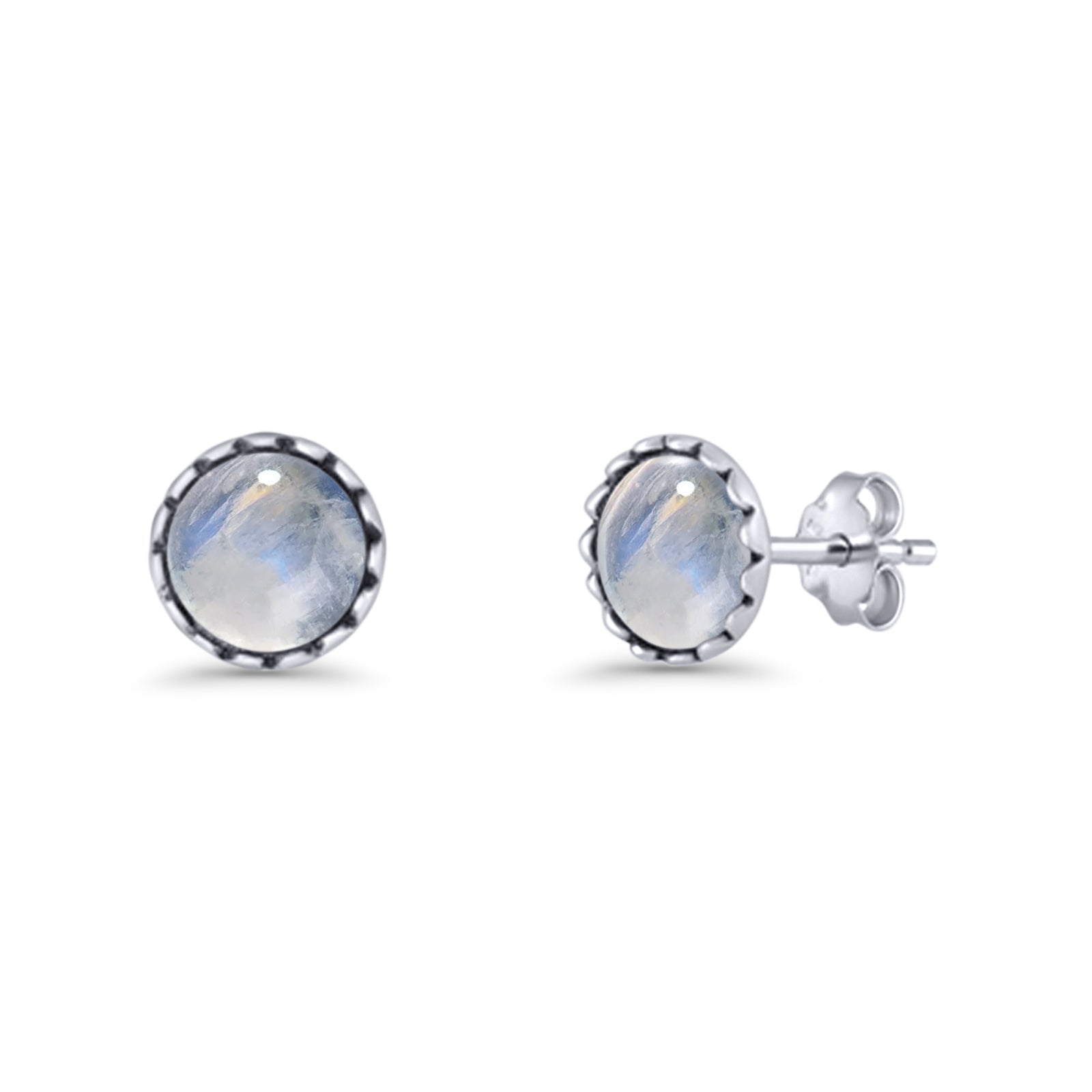 Round Lab Created Opal Stud Earring Oxidized 925 Sterling Silver