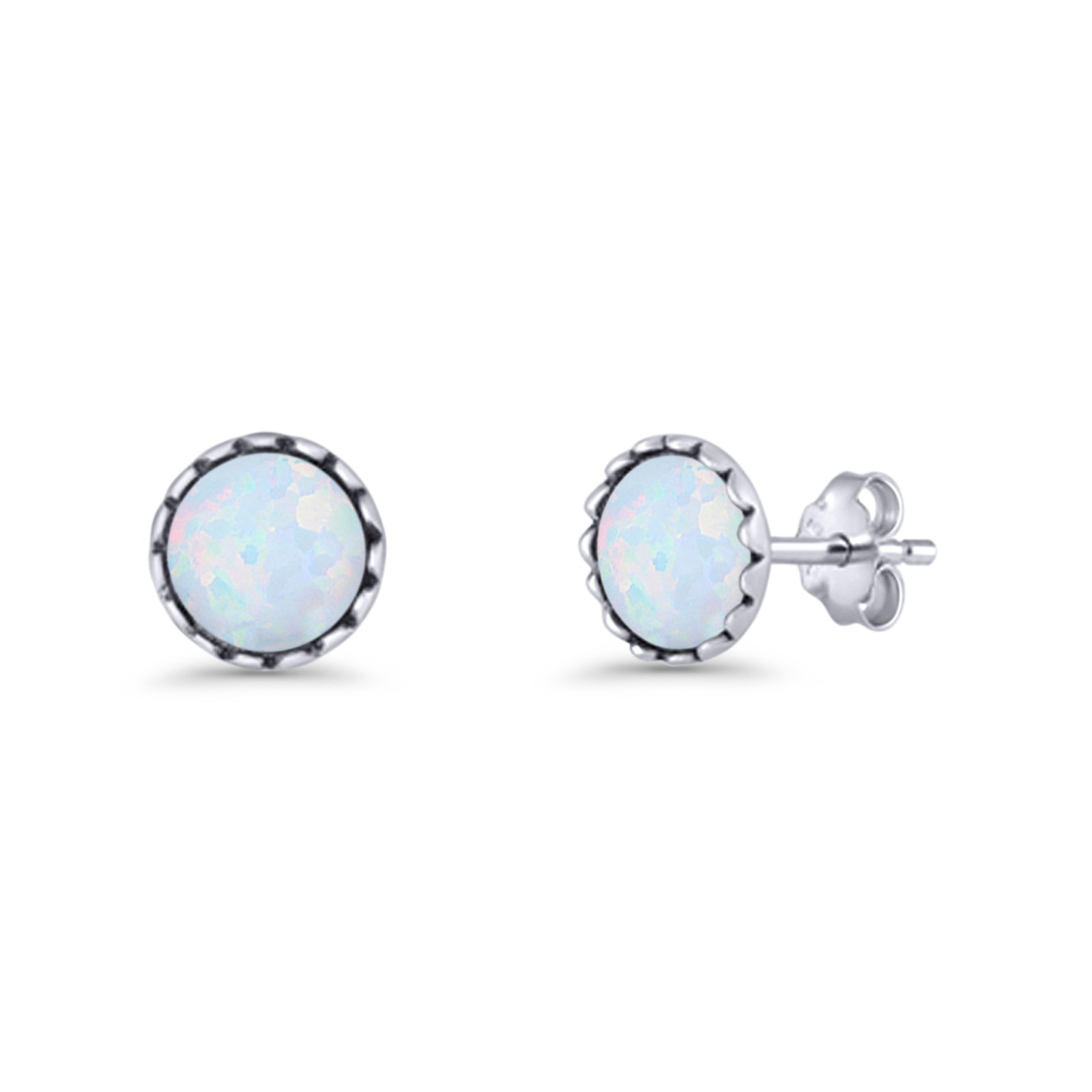 Round Lab Created Opal Stud Earring Oxidized 925 Sterling Silver