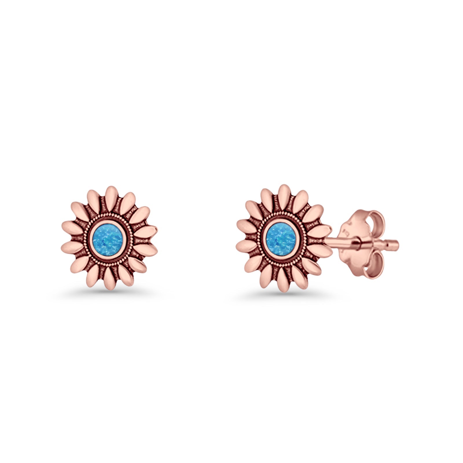 Sunflower Stud Earring 8.6mm Lab Created Opal Oxidized 925 Sterling Silver