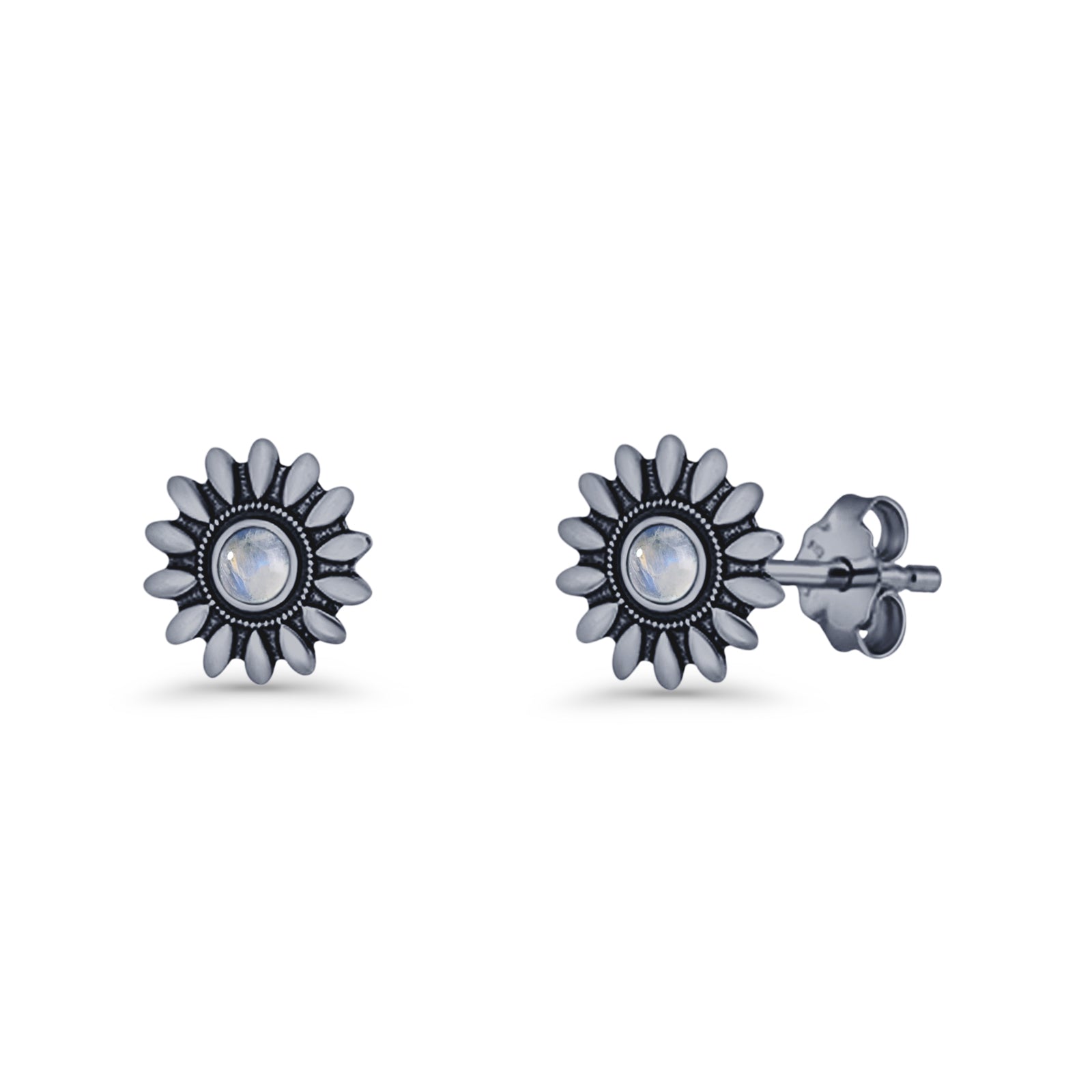 Sunflower Stud Earring 8.6mm Lab Created Opal Oxidized 925 Sterling Silver