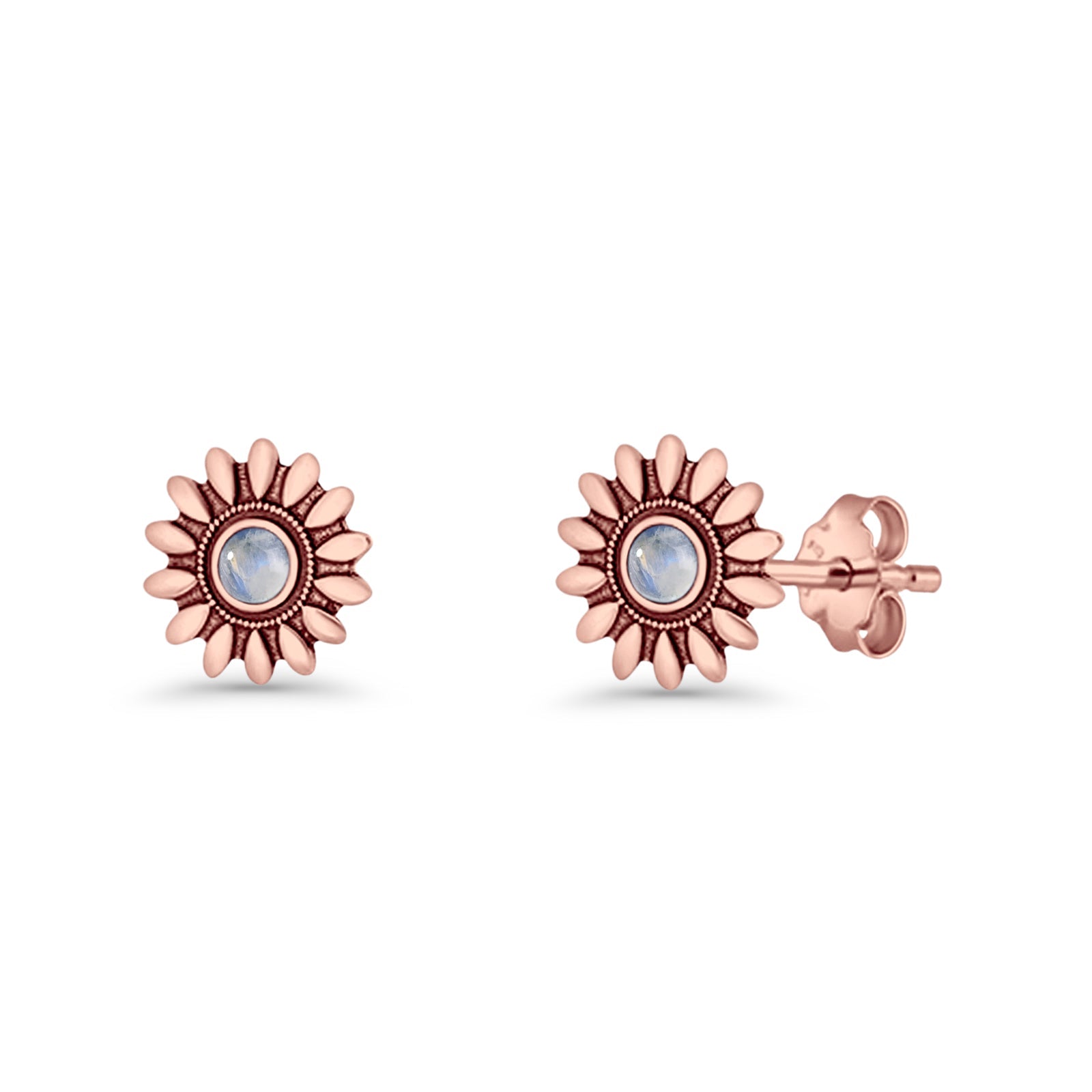Sunflower Stud Earring 8.6mm Lab Created Opal Oxidized 925 Sterling Silver