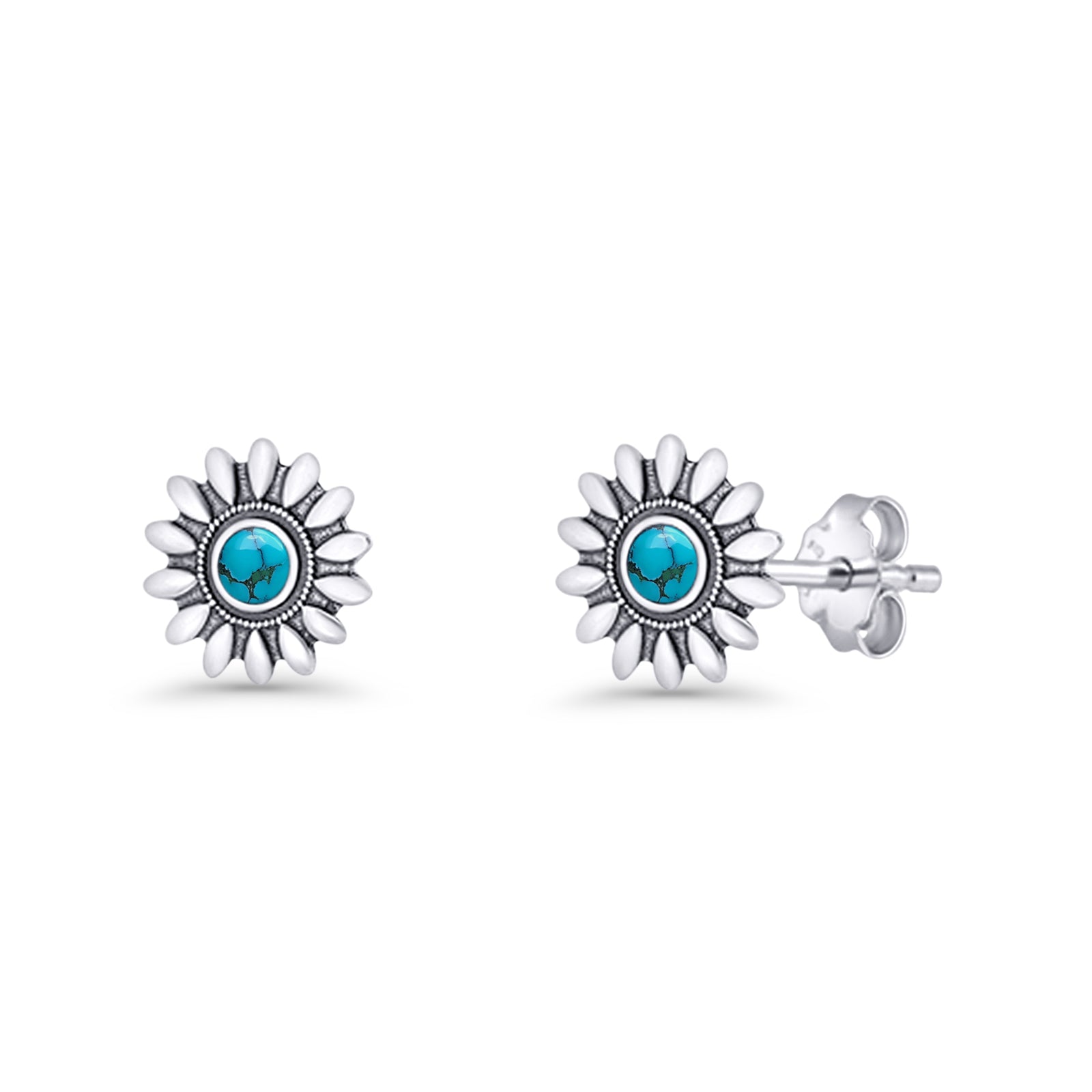 Sunflower Stud Earring 8.6mm Lab Created Opal Oxidized 925 Sterling Silver