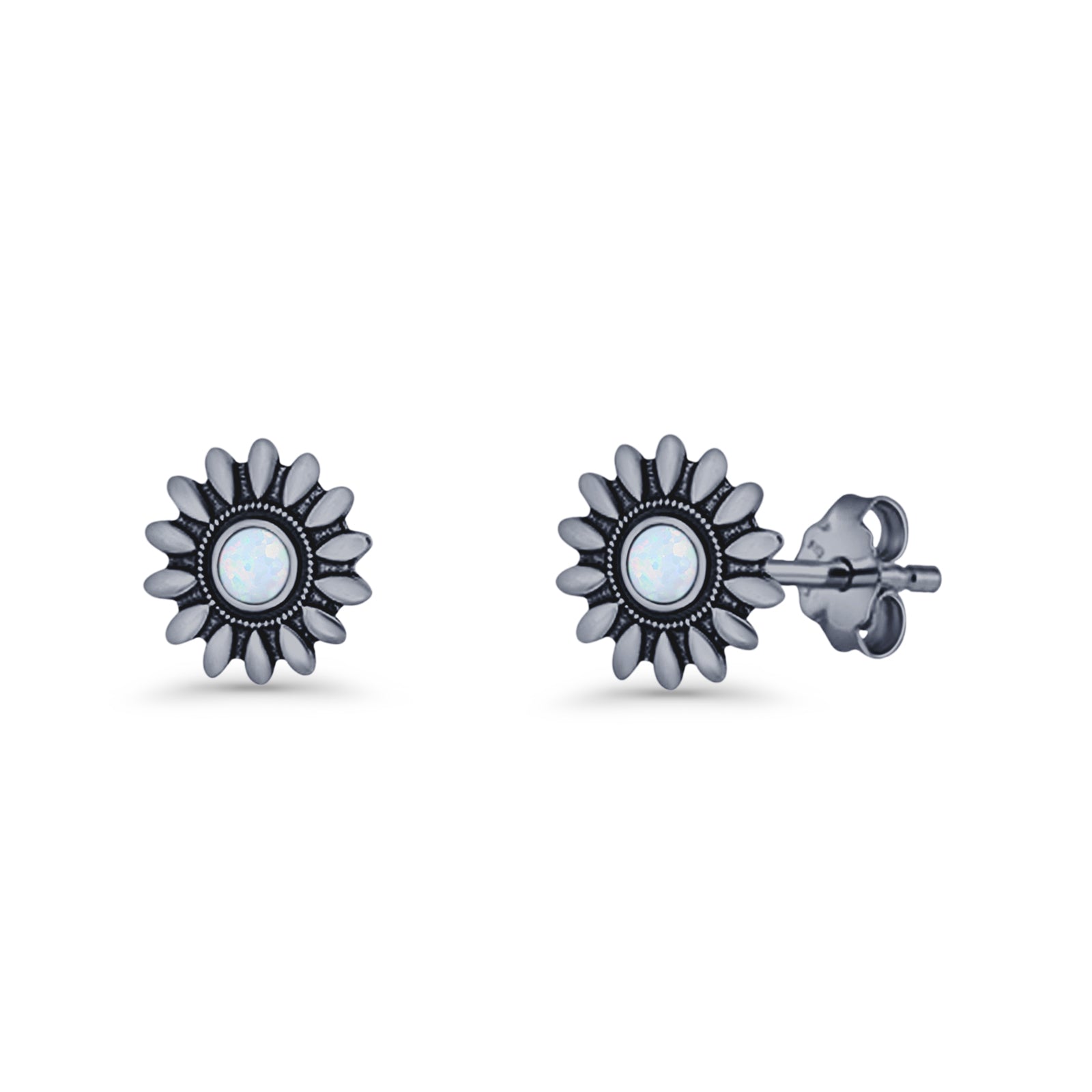 Sunflower Stud Earring 8.6mm Lab Created Opal Oxidized 925 Sterling Silver