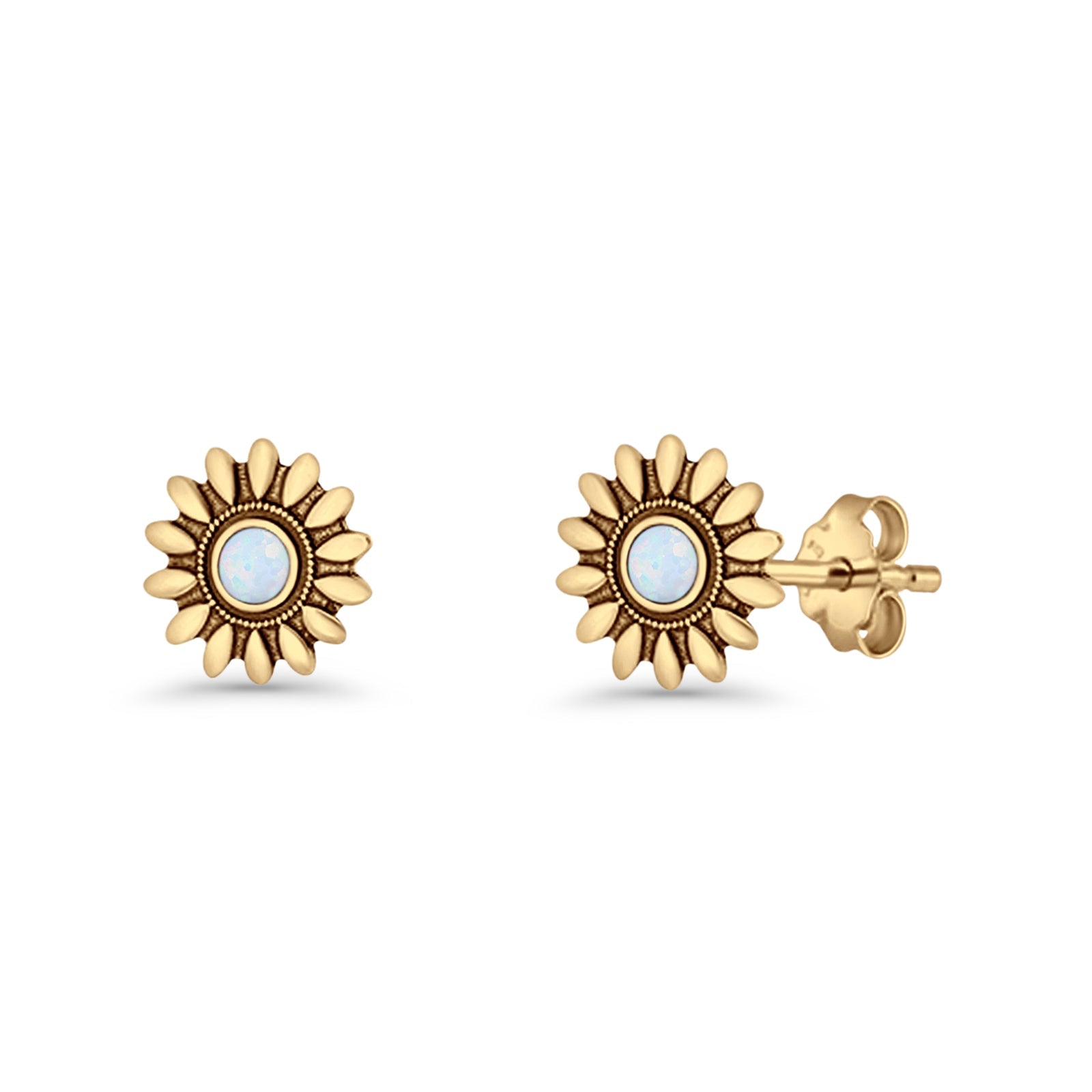 Sunflower Stud Earring 8.6mm Lab Created Opal Oxidized 925 Sterling Silver