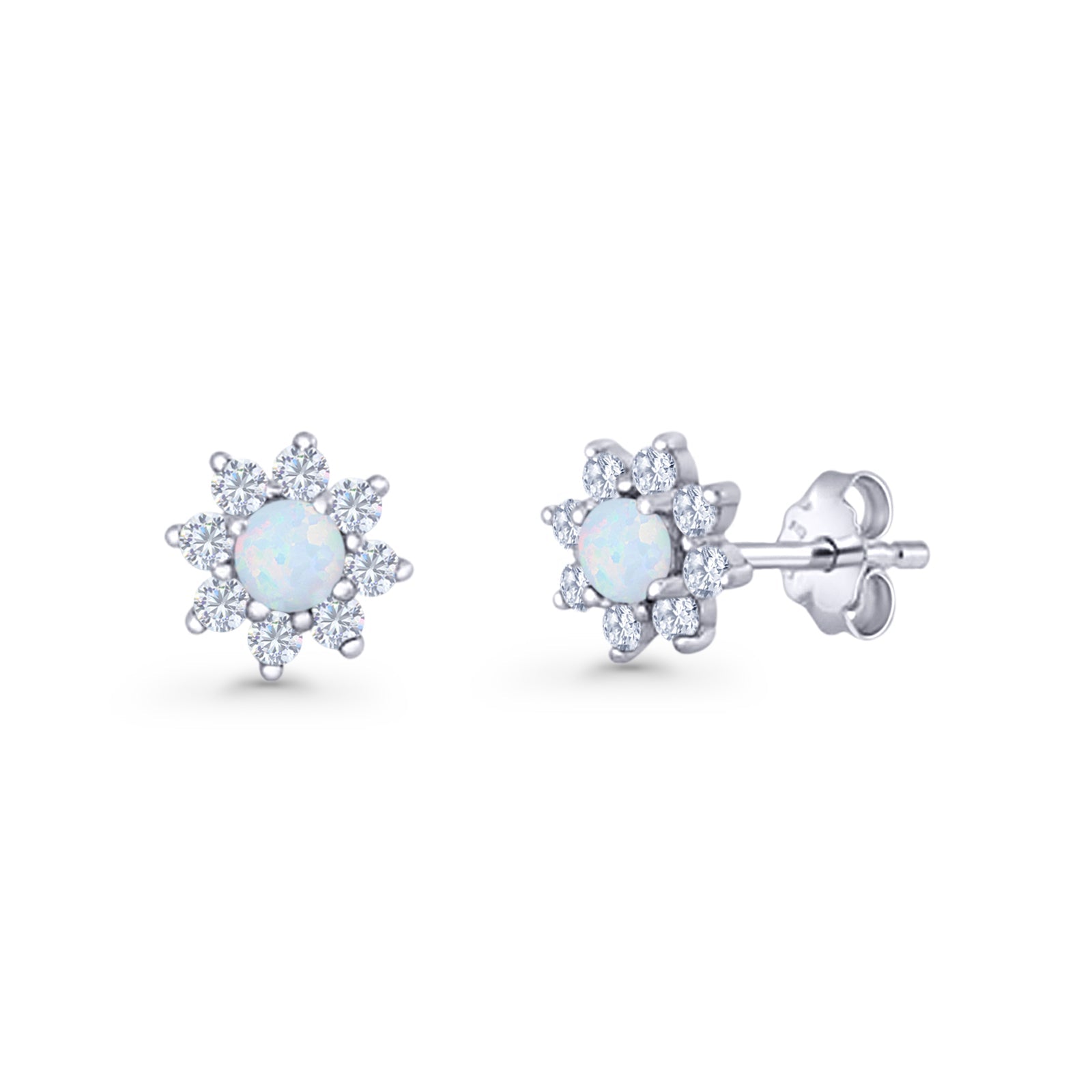 Flower Stud Earring Lab Created Opal & Cubic Zirconia 925 Sterling Silver