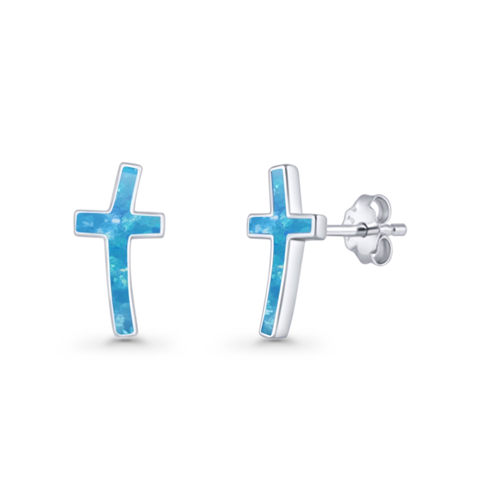 Cross Stud Earring Lab Created White Opal 925 Sterling Silver