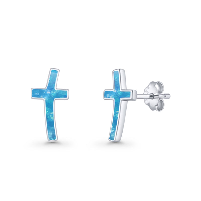 Cross Stud Earring Lab Created White Opal 925 Sterling Silver