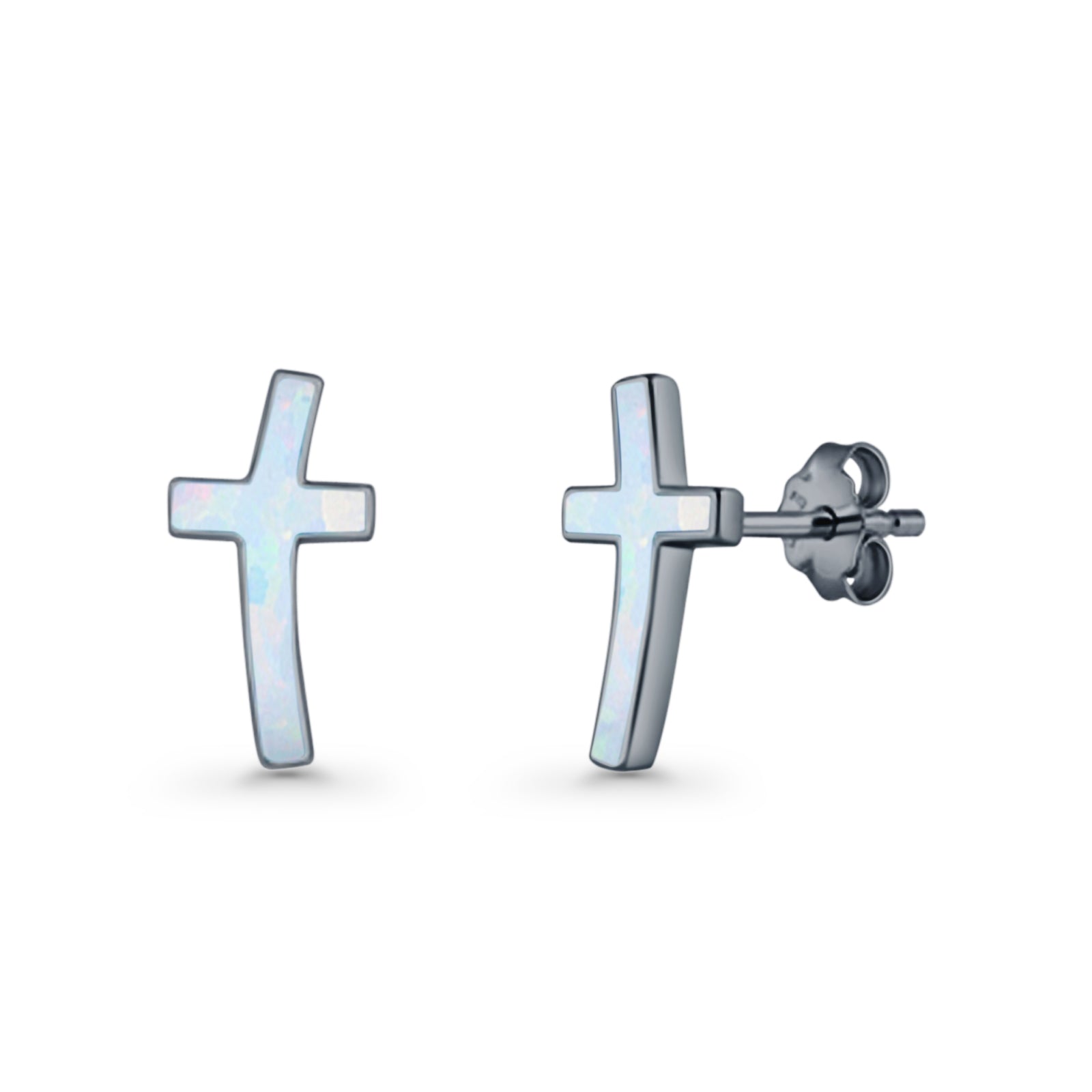 Cross Stud Earring Lab Created White Opal 925 Sterling Silver