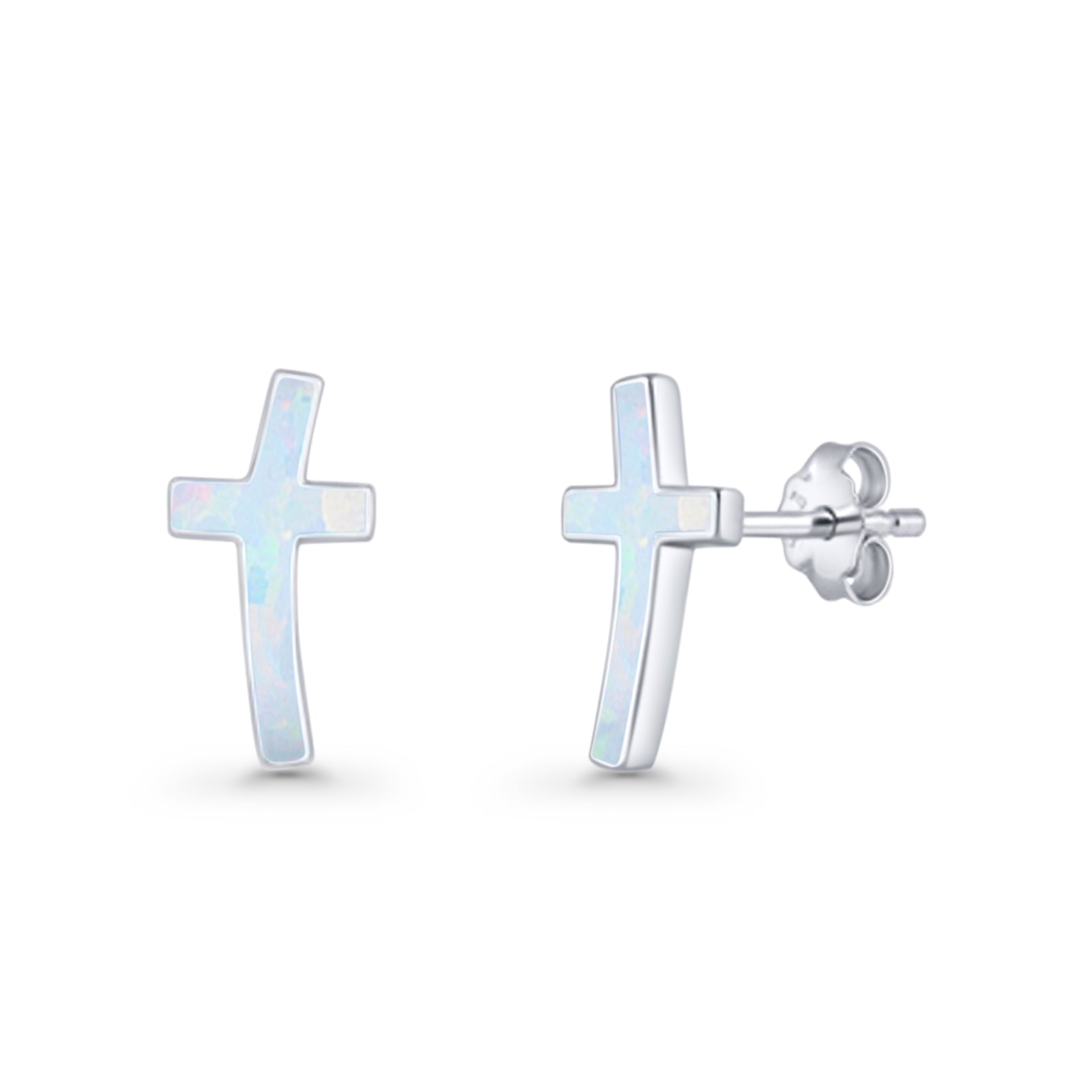 Cross Stud Earring Lab Created White Opal 925 Sterling Silver