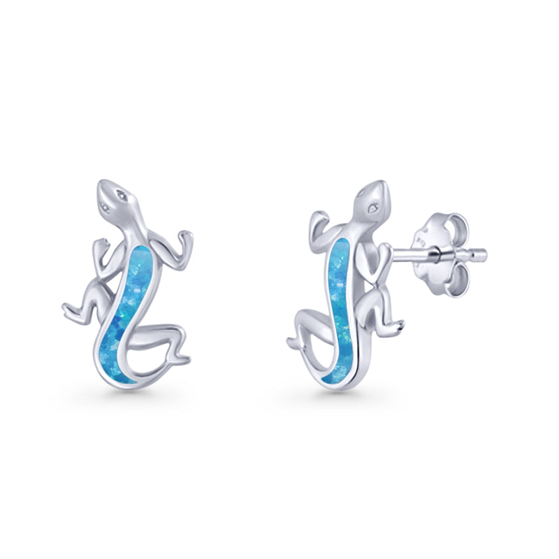 Lizard Stud Earring 13.7mm Lab Created Opal 925 Sterling Silver