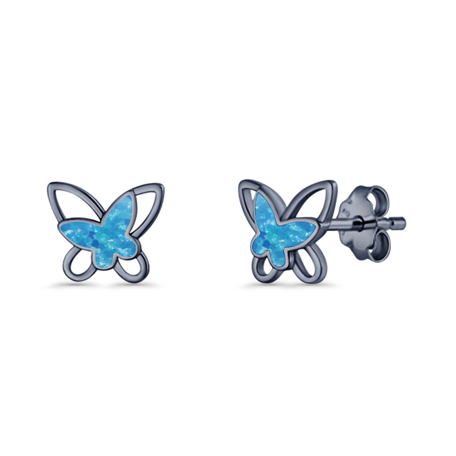 Butterfly Stud Earring Lab Created Opal Push Back 925 Sterling Silver