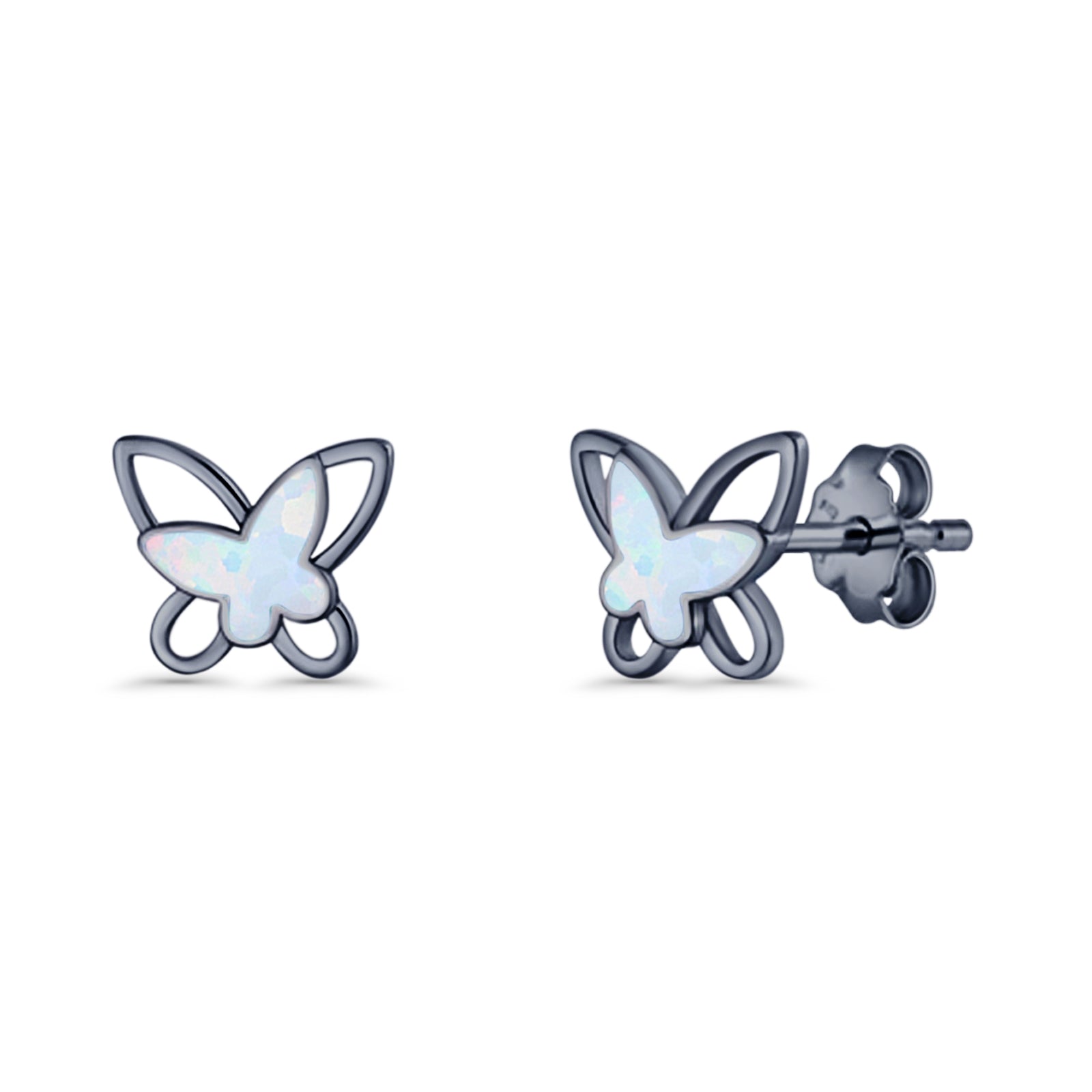 Butterfly Stud Earring Lab Created Opal Push Back 925 Sterling Silver