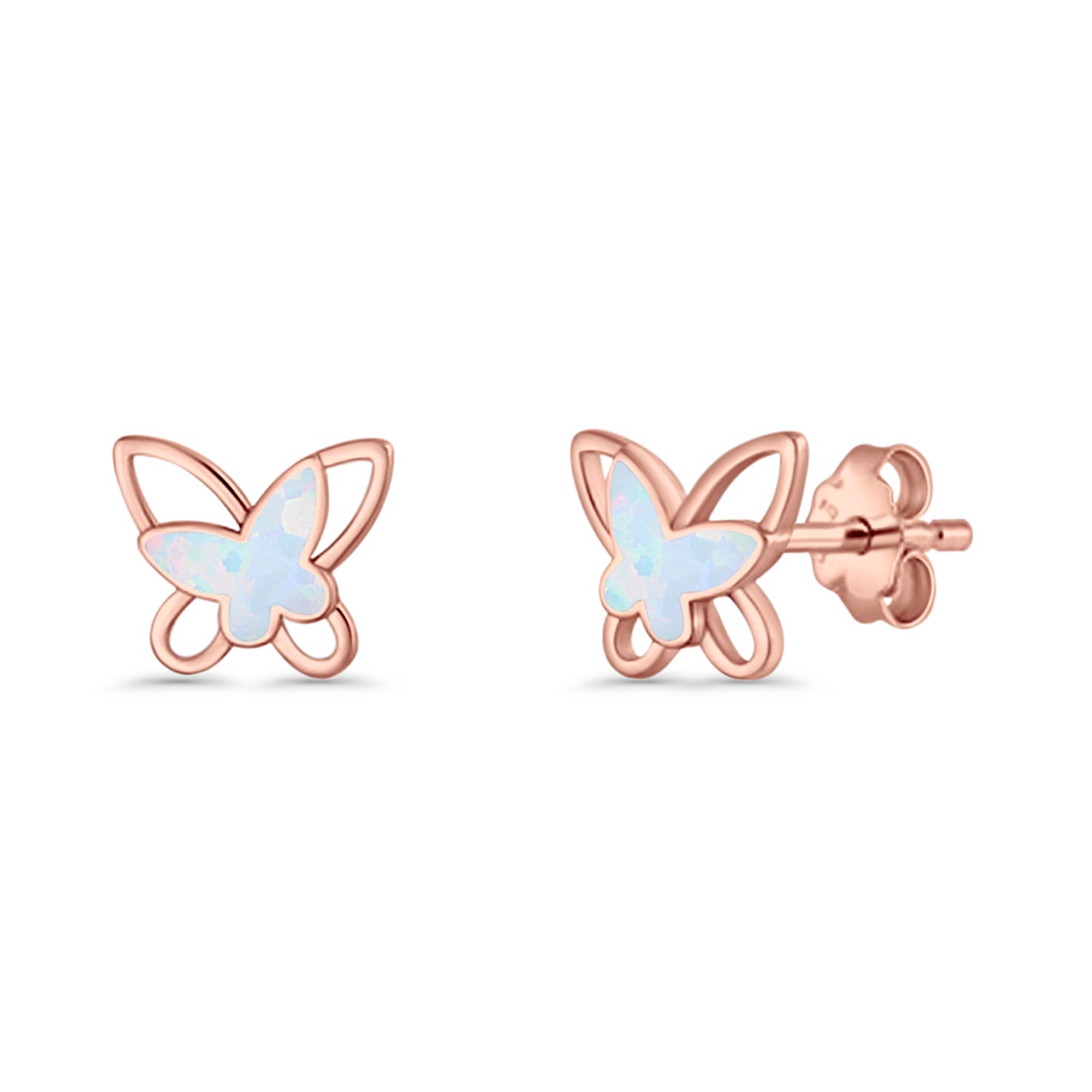 Butterfly Stud Earring Lab Created Opal Push Back 925 Sterling Silver