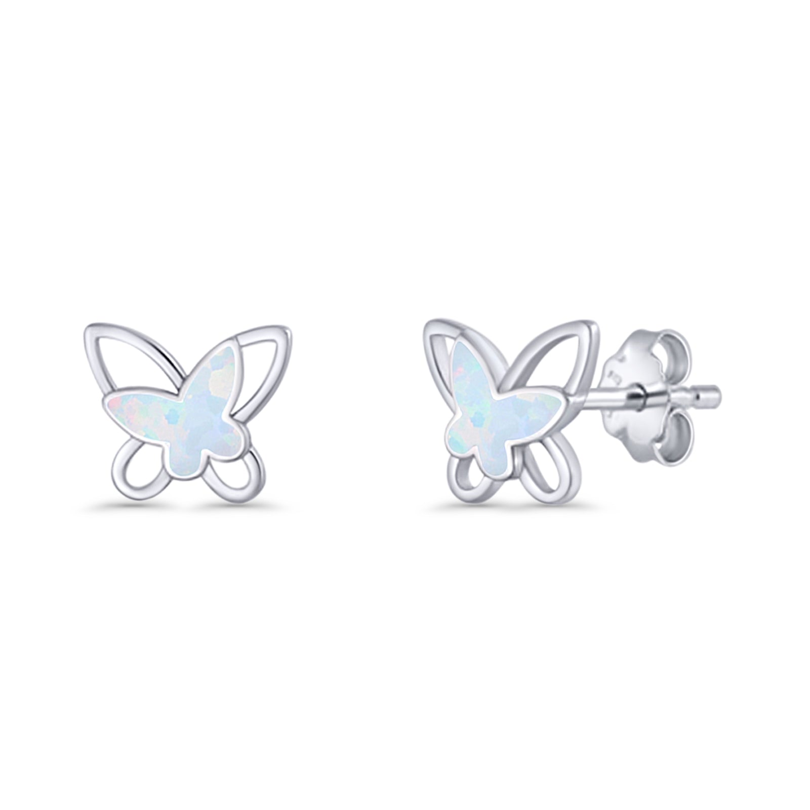 Butterfly Stud Earring Lab Created Opal Push Back 925 Sterling Silver