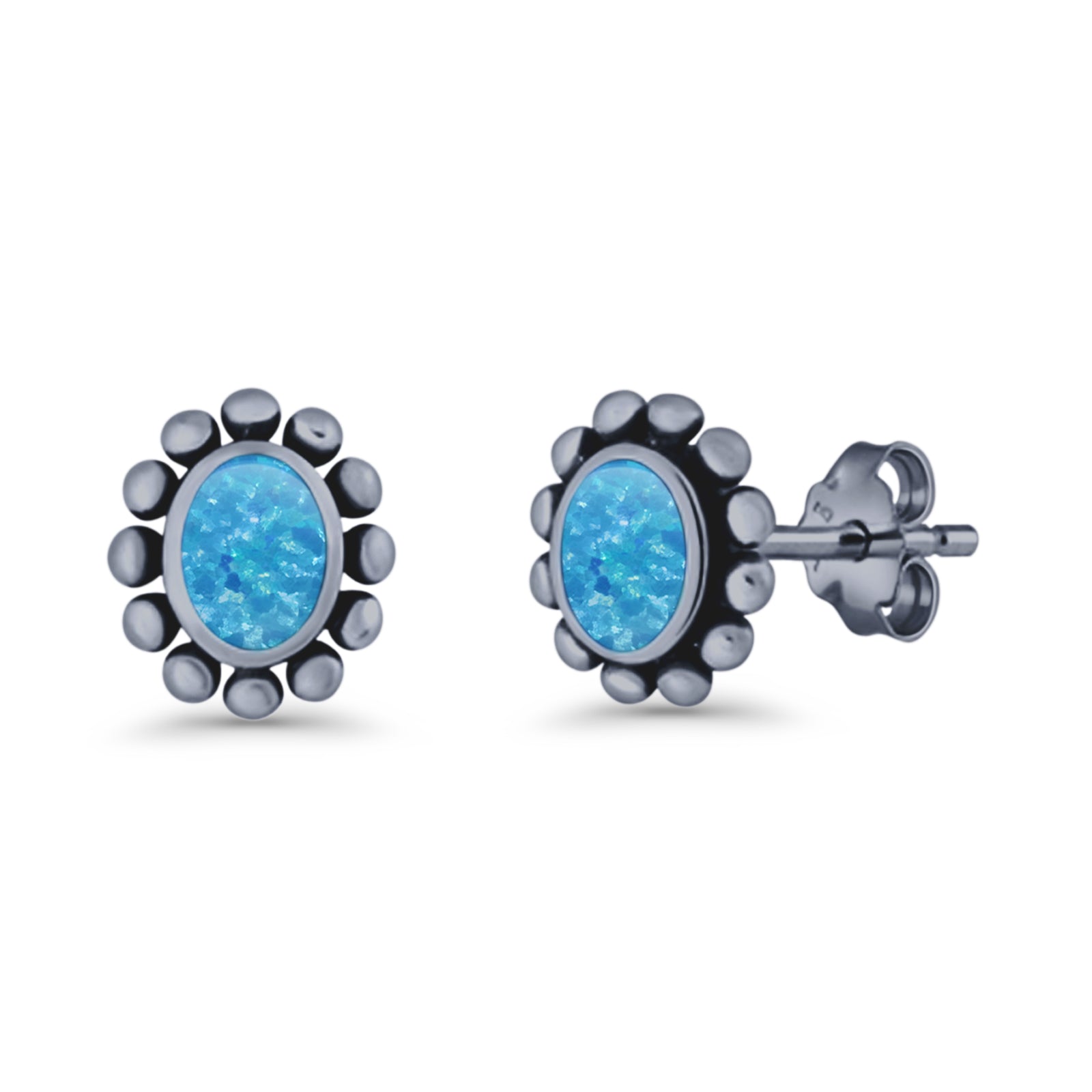 Oval Shaped Beaded Stud Earring 8mm Lab Created Opal 925 Sterling Silver