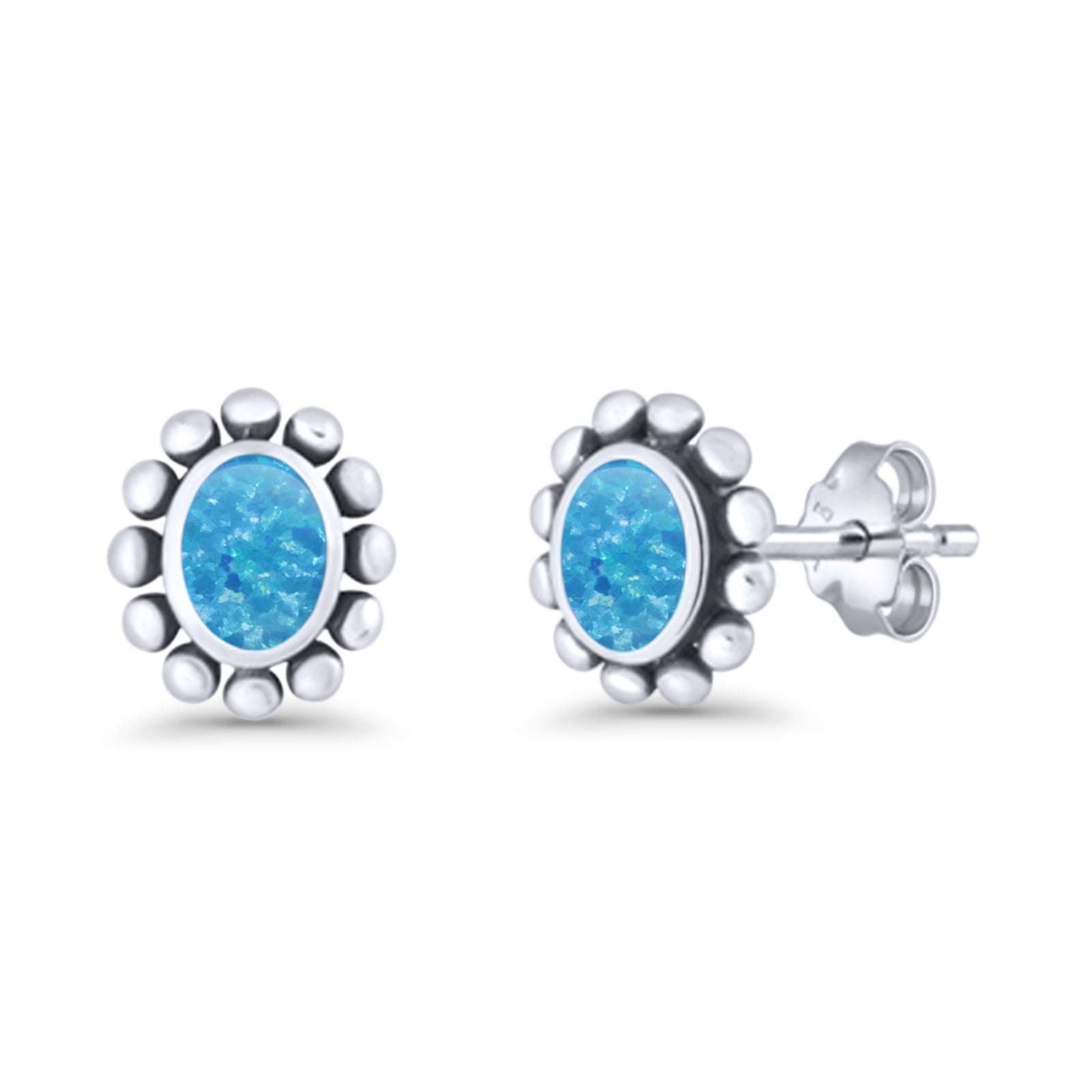 Oval Shaped Beaded Stud Earring 8mm Lab Created Opal 925 Sterling Silver