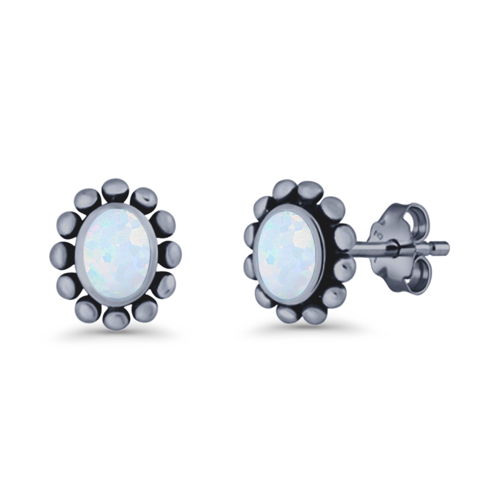 Oval Shaped Beaded Stud Earring 8mm Lab Created Opal 925 Sterling Silver