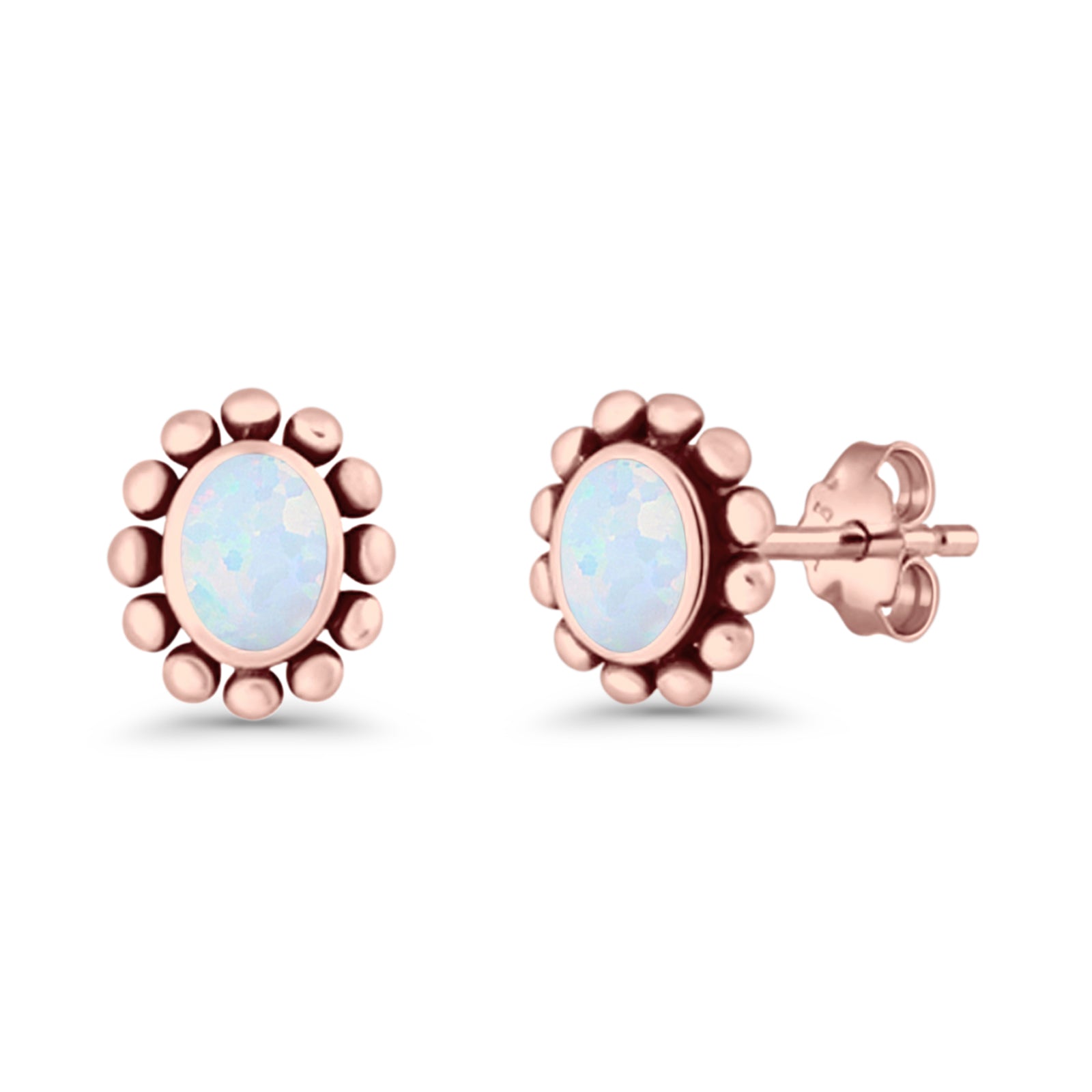 Oval Shaped Beaded Stud Earring 8mm Lab Created Opal 925 Sterling Silver