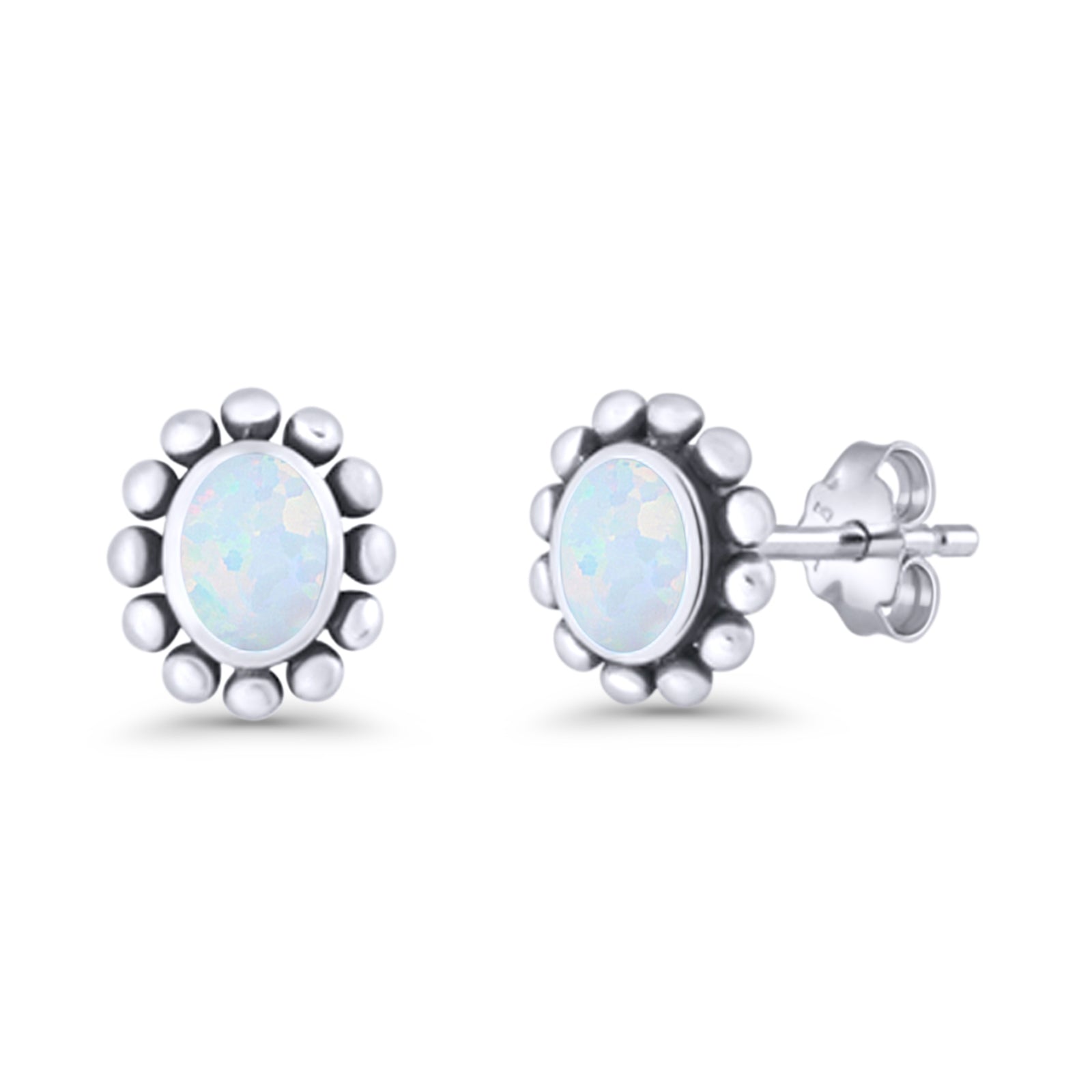 Oval Shaped Beaded Stud Earring 8mm Lab Created Opal 925 Sterling Silver