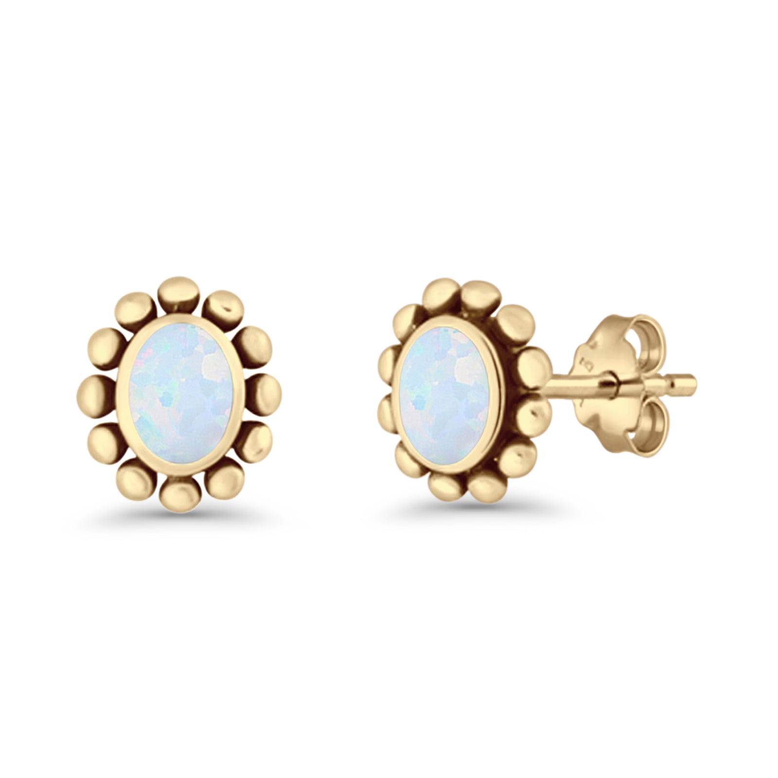 Oval Shaped Beaded Stud Earring 8mm Lab Created Opal 925 Sterling Silver