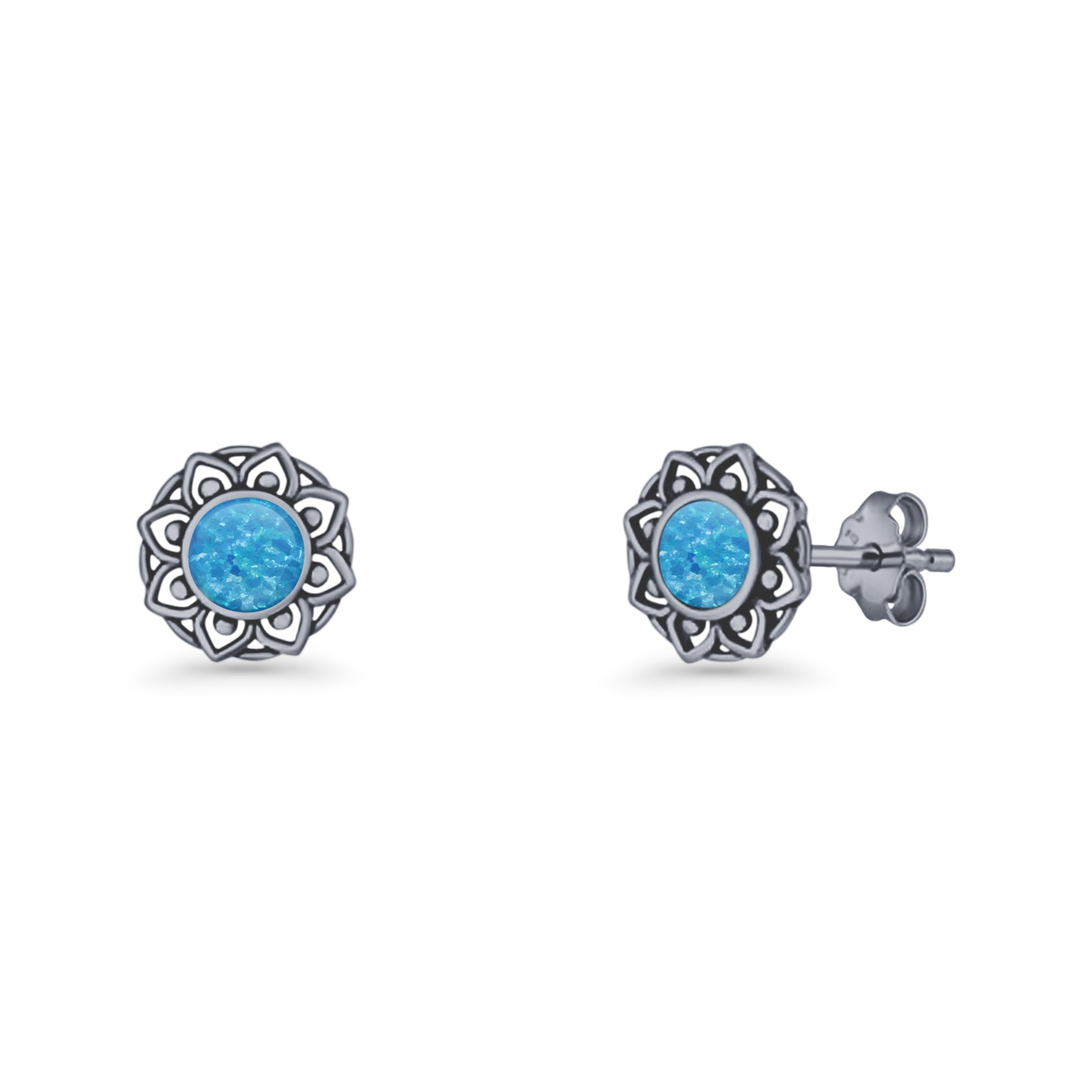 Sunflower Stud Earring 8.8mm Lab Created Opal Oxidized 925 Sterling Silver