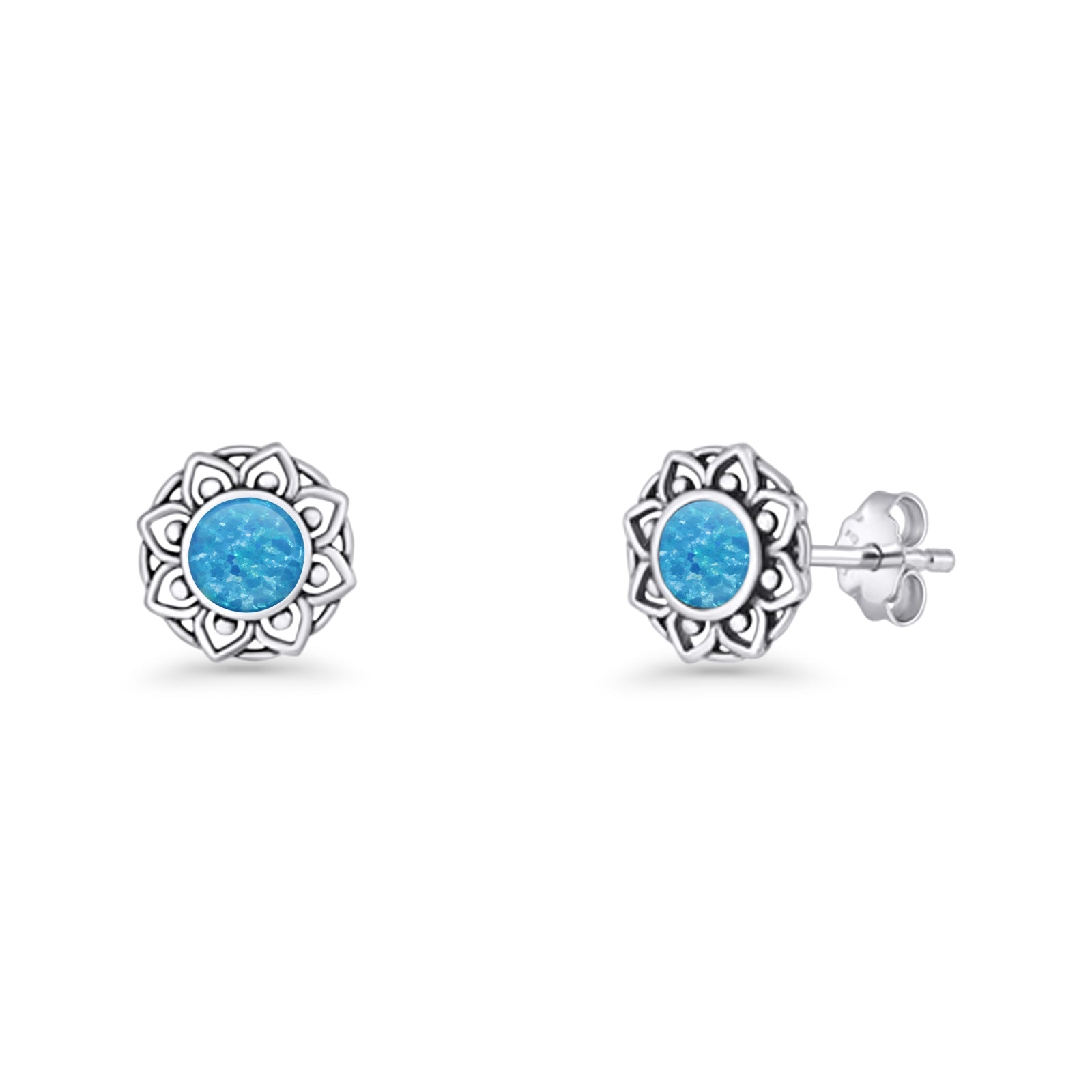 Sunflower Stud Earring 8.8mm Lab Created Opal Oxidized 925 Sterling Silver