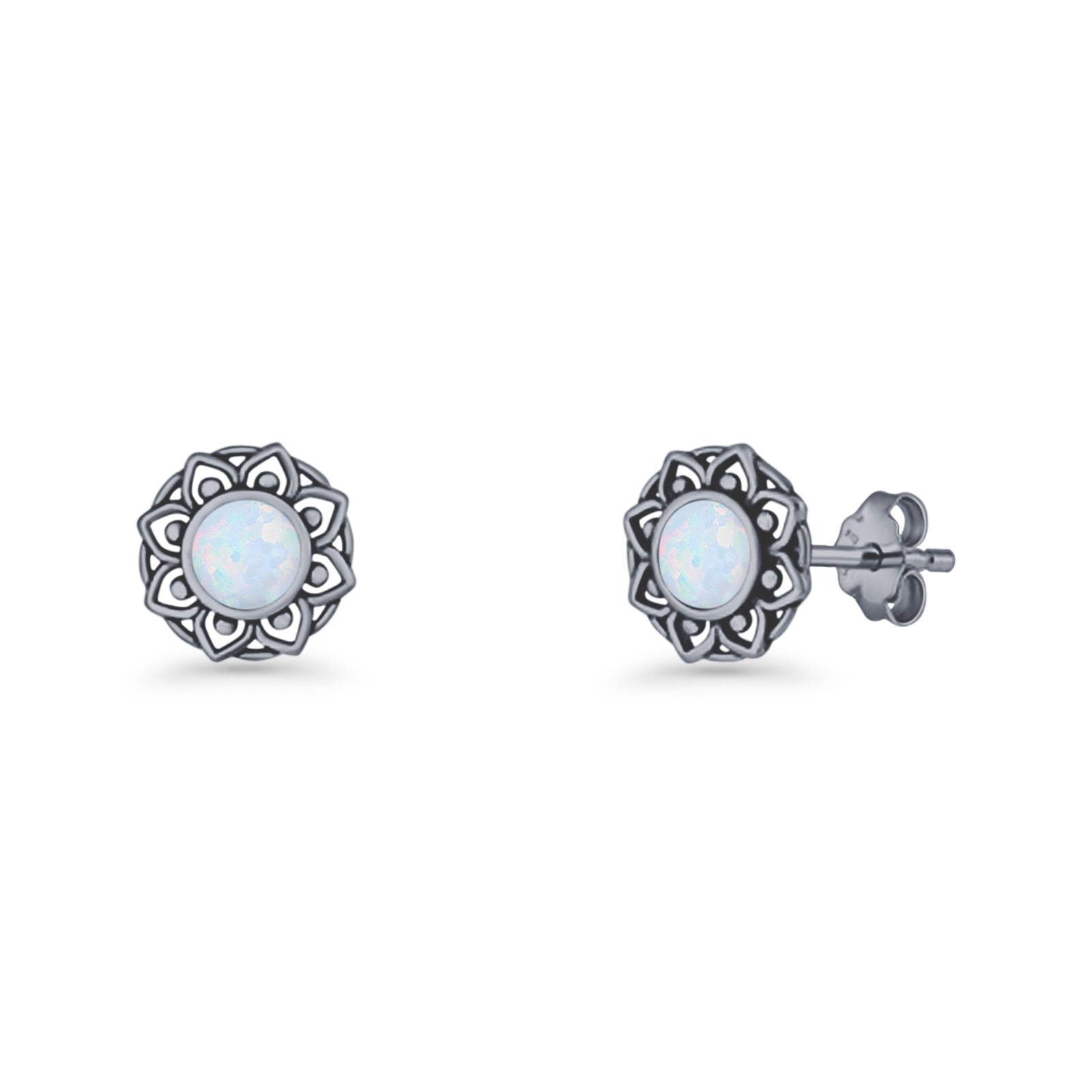 Sunflower Stud Earring 8.8mm Lab Created Opal Oxidized 925 Sterling Silver