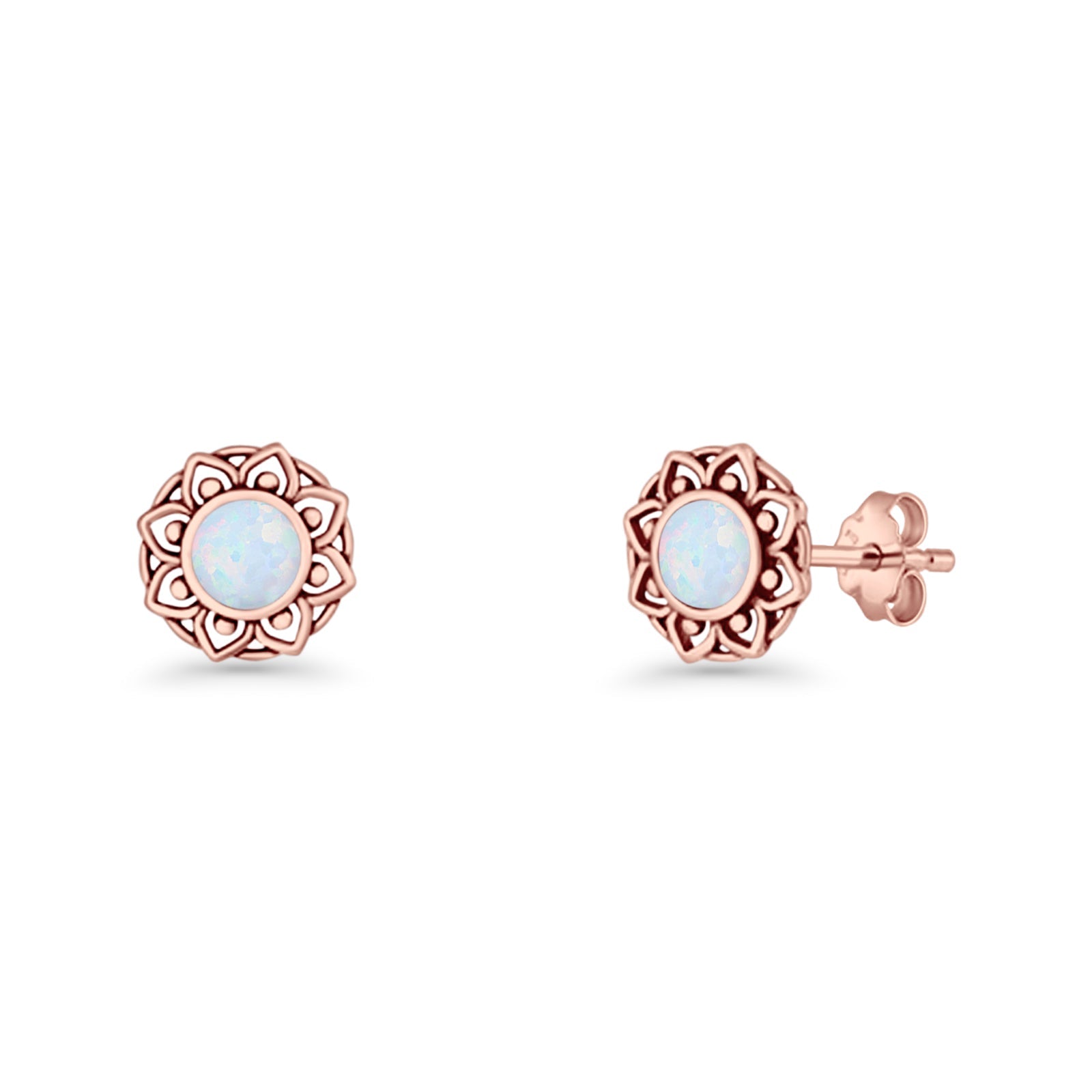 Sunflower Stud Earring 8.8mm Lab Created Opal Oxidized 925 Sterling Silver