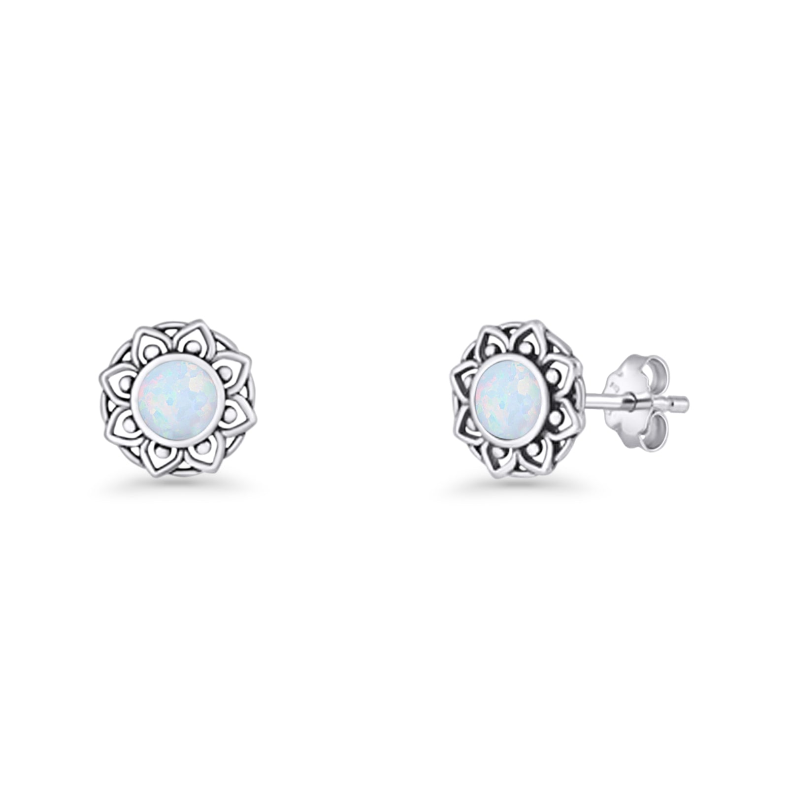 Sunflower Stud Earring 8.8mm Lab Created Opal Oxidized 925 Sterling Silver