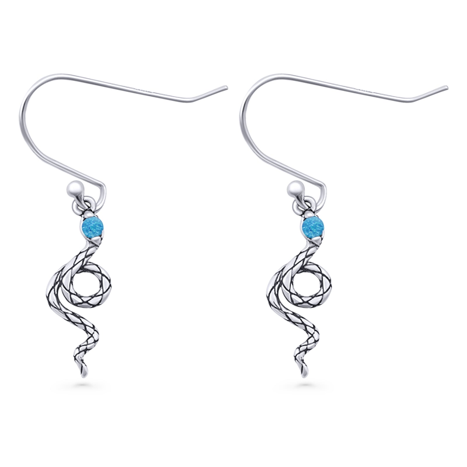 Round 16.1mm Lab Created Opal Oxidized Snake Fishhook Earring 925 Sterling Silver