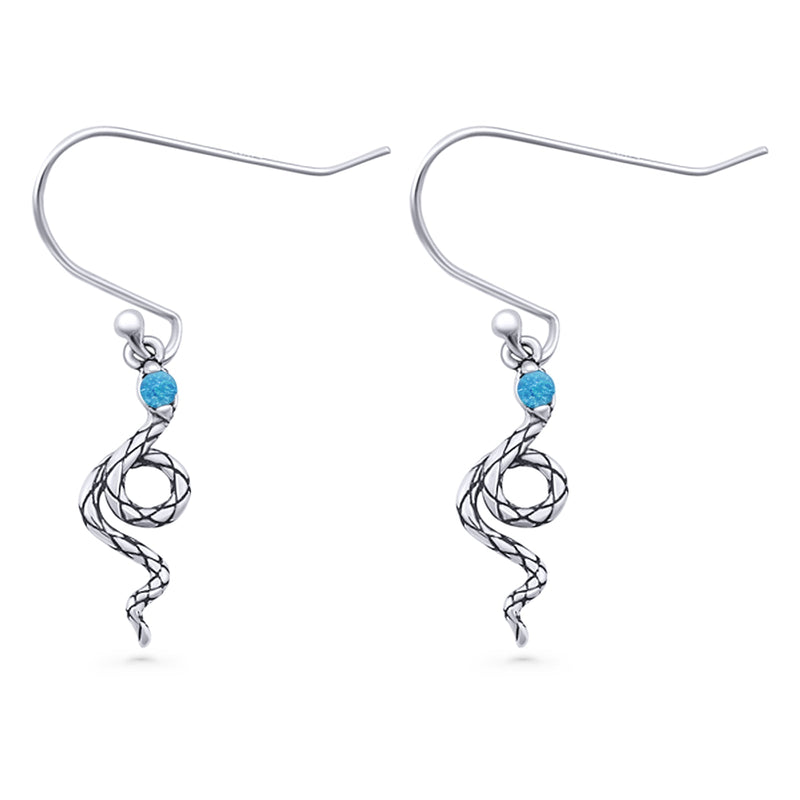 Round 16.1mm Lab Created Opal Oxidized Snake Fishhook Earring 925 Sterling Silver